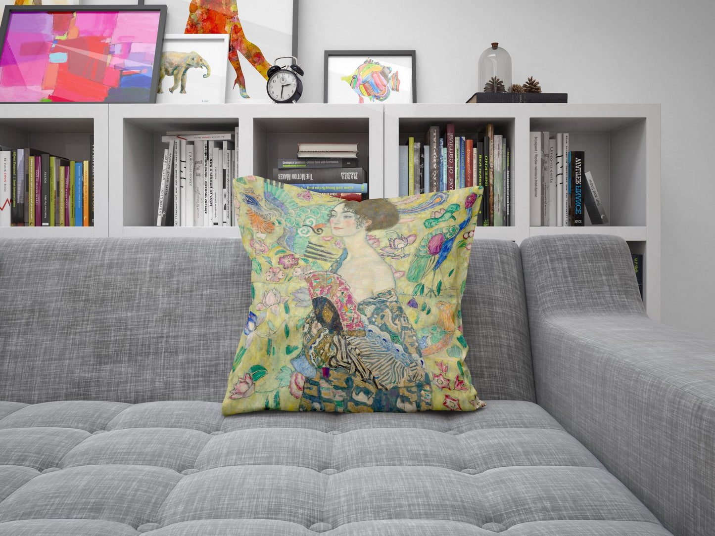 Gustav Klimt Famous Painting Lady With Fan, Tapestry Pillows, Abstract Throw Pillow, Designer Pillow, Green Pillow Cases, Modern Pillow
