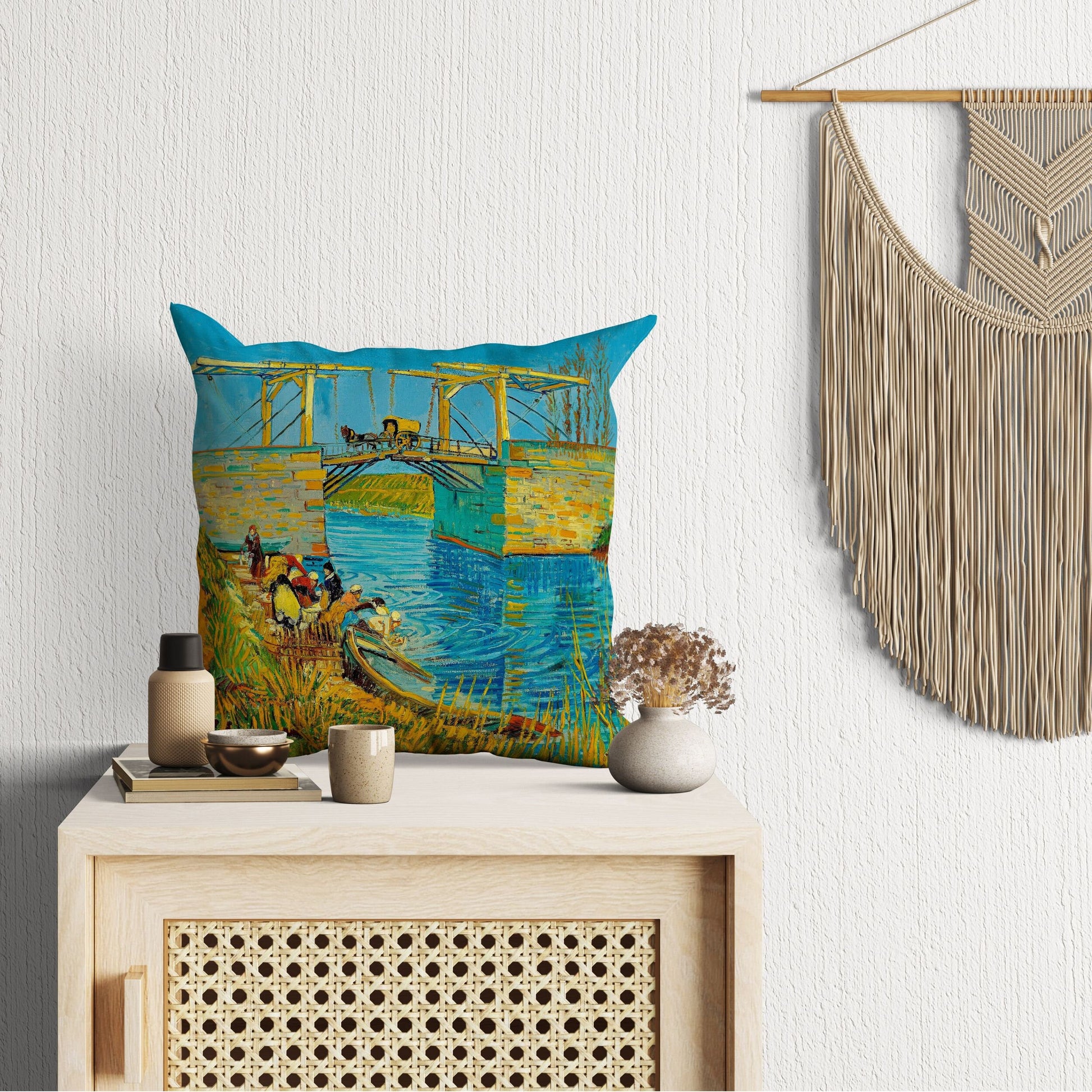 Vincent Van Gogh Famous Art The Langlois Bridge At Arles With Women Washing, Decorative Pillow, Abstract Throw Pillow, Art Pillow