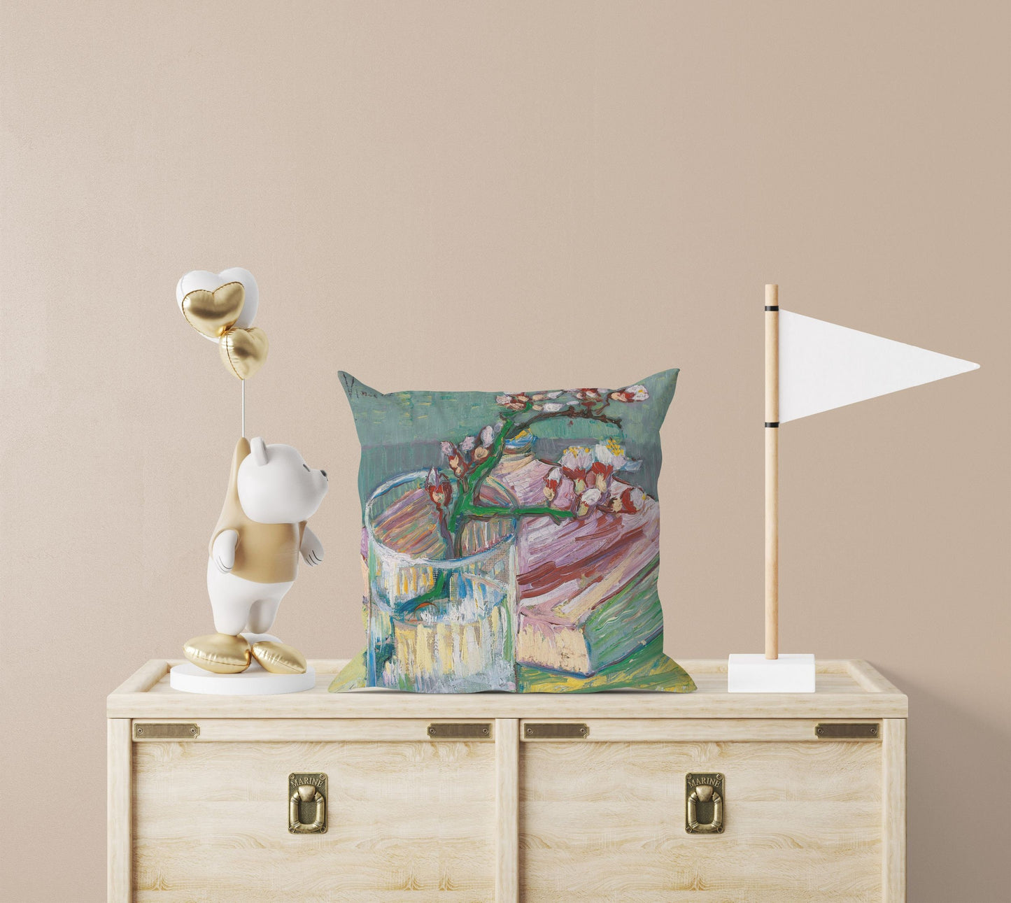 Vincent Van Gogh Famous Art Blossoming Almond Branch In A Glass With A Book, Throw Pillow, Designer Pillow,22X22 Pillow Cover