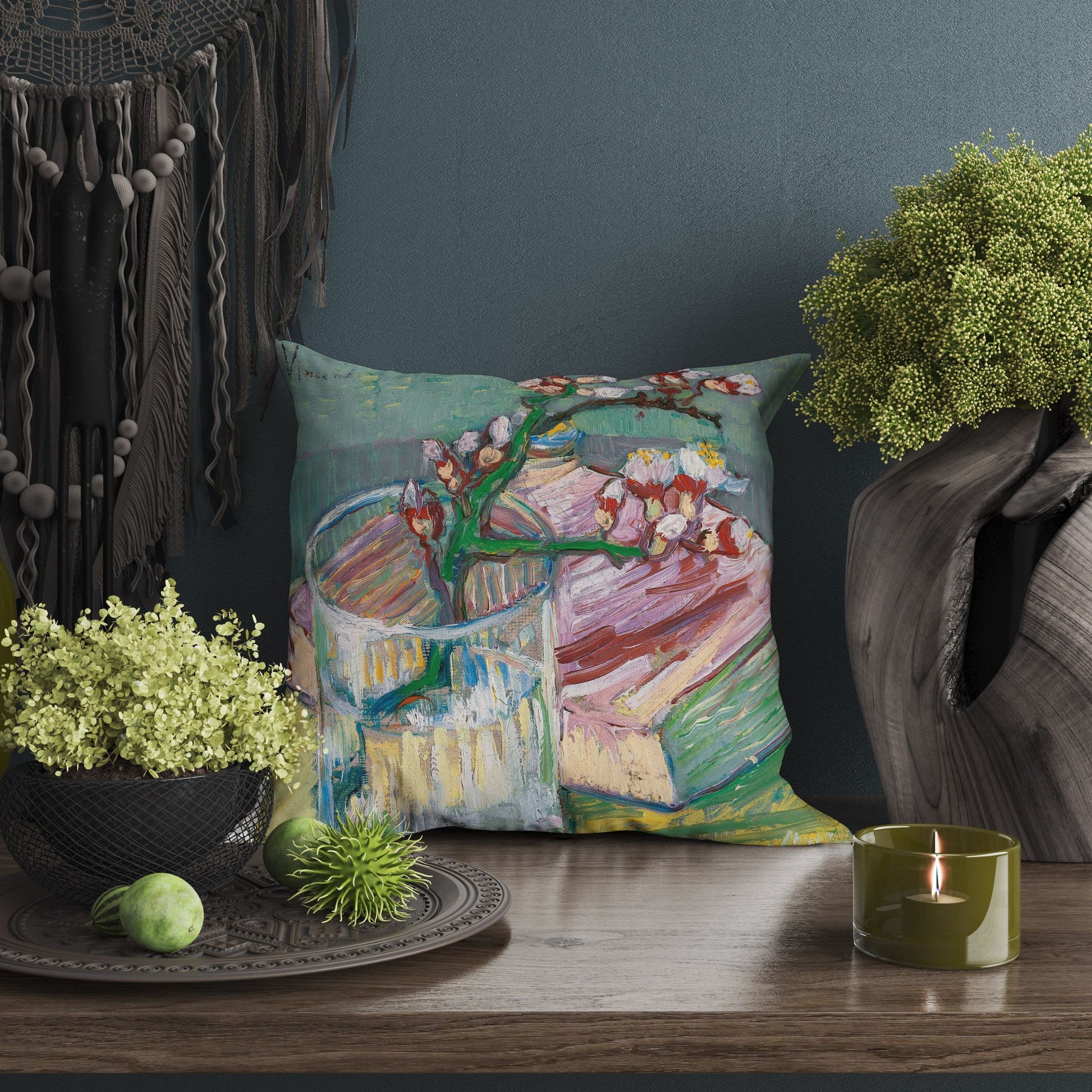 Vincent Van Gogh Famous Art Blossoming Almond Branch In A Glass With A Book, Throw Pillow, Designer Pillow,22X22 Pillow Cover