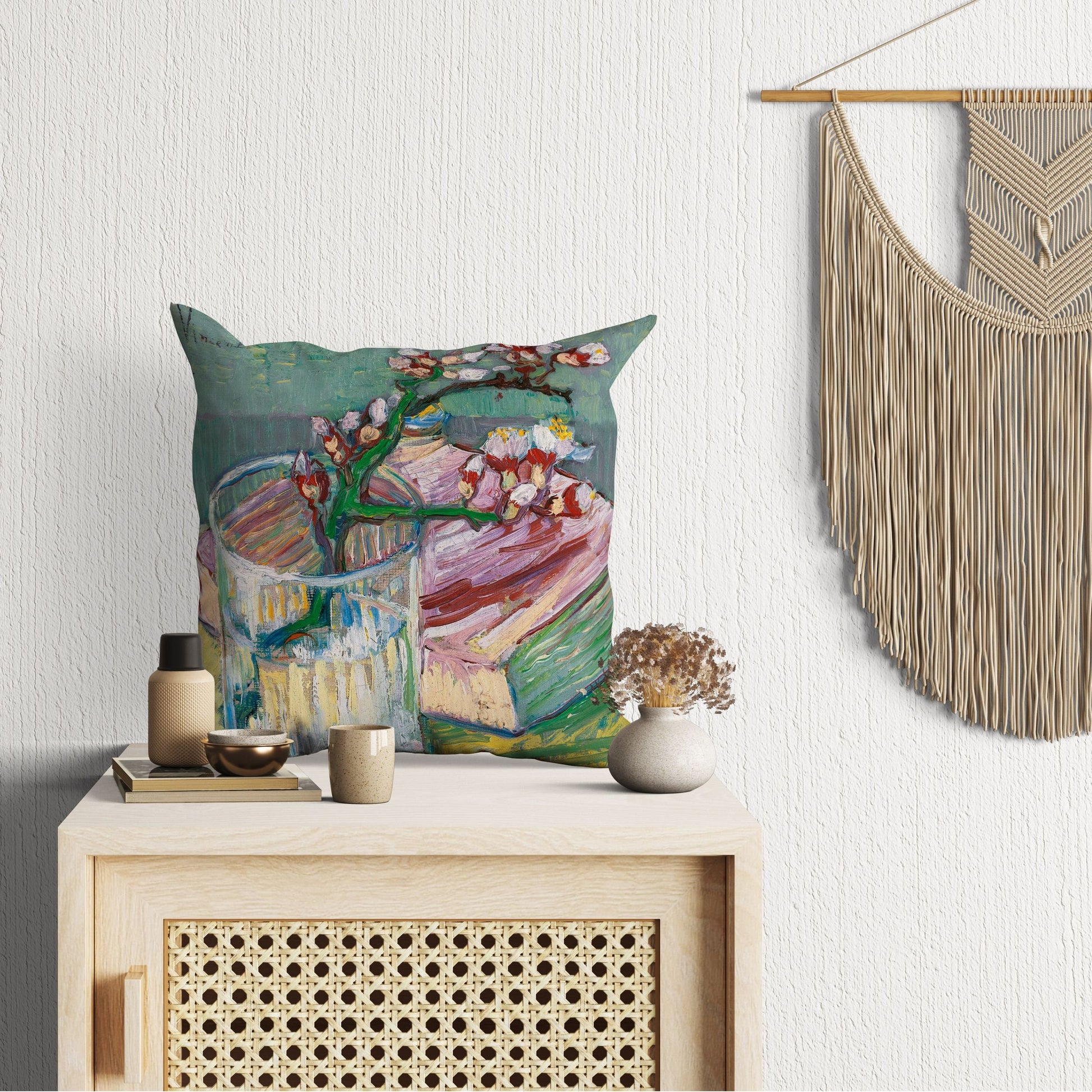 Vincent Van Gogh Famous Art Blossoming Almond Branch In A Glass With A Book, Throw Pillow, Designer Pillow,22X22 Pillow Cover
