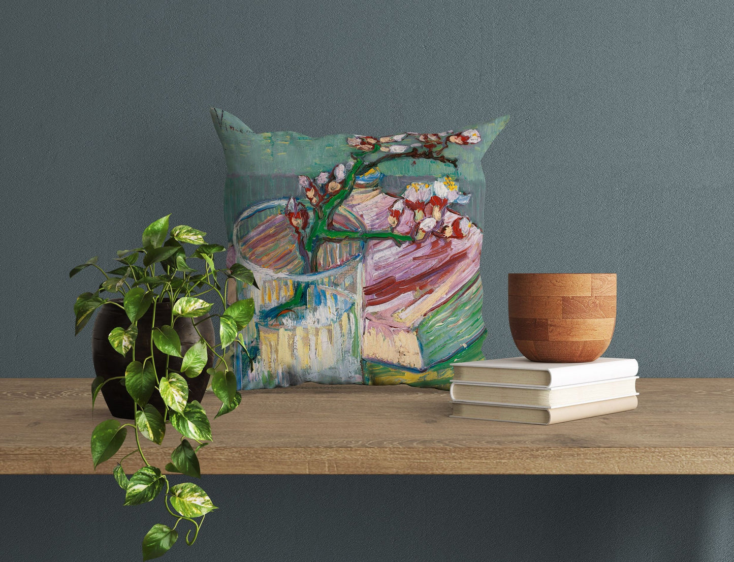 Vincent Van Gogh Famous Art Blossoming Almond Branch In A Glass With A Book, Throw Pillow, Designer Pillow,22X22 Pillow Cover