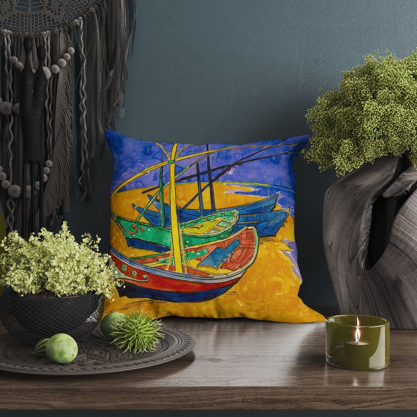 Vincent Van Gogh Famous Art fishing Boats On The Beach, Throw Pillow Cover, Abstract Throw Pillow, Soft Pillow Cases, Blue And Yellow