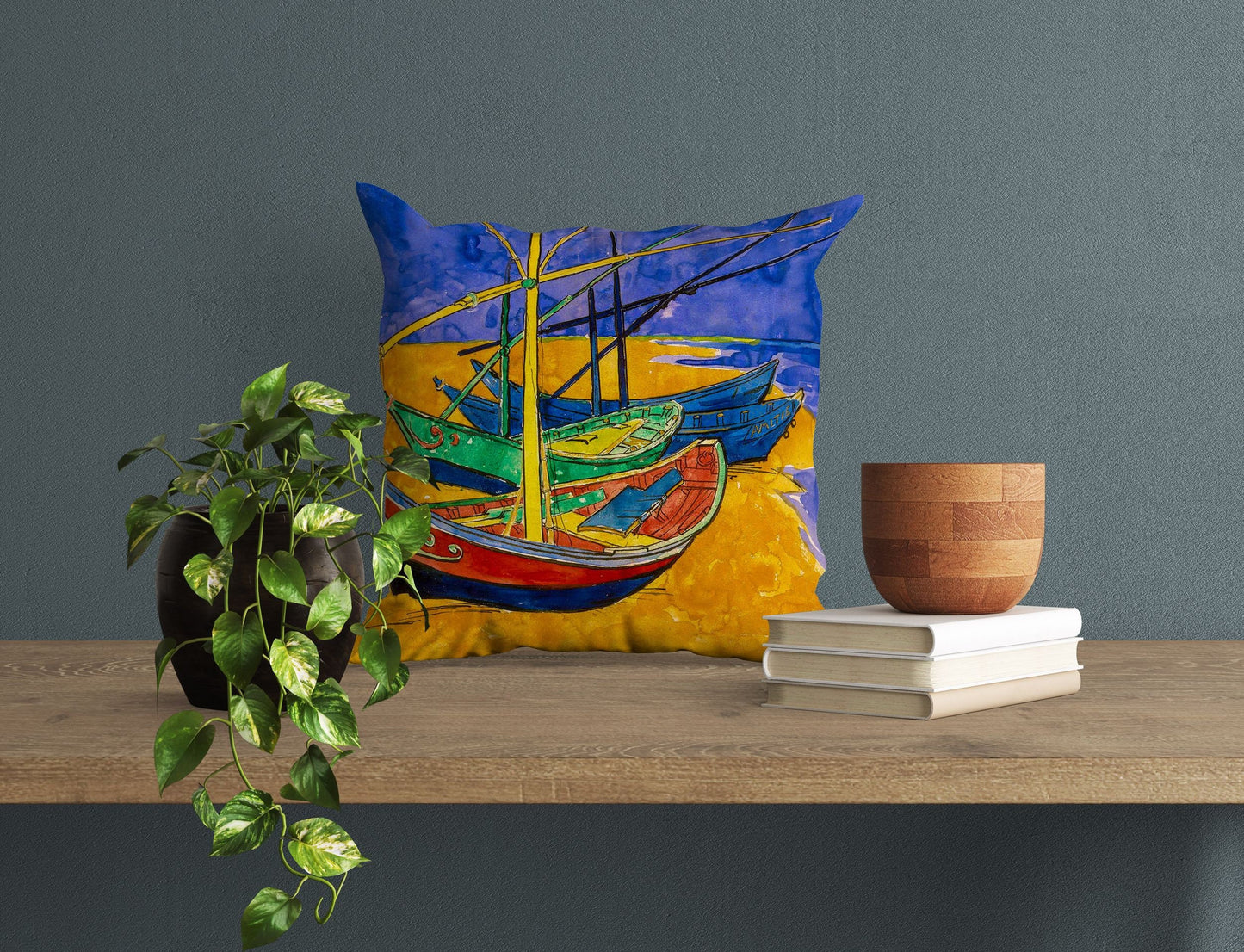 Vincent Van Gogh Famous Art fishing Boats On The Beach, Throw Pillow Cover, Abstract Throw Pillow, Soft Pillow Cases, Blue And Yellow