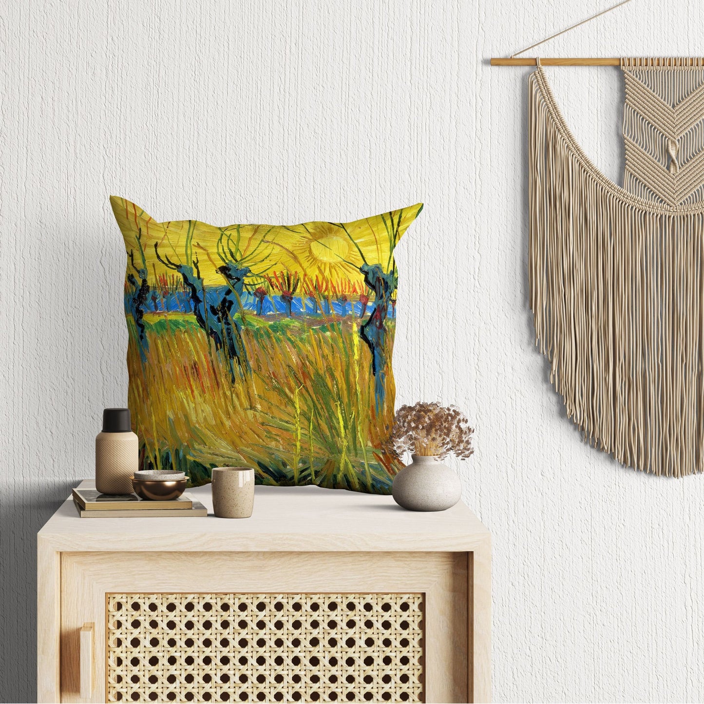 Vincent Van Gogh Famous Art Pollard Willows With Setting Sun Decorative Pillow, Abstract Throw Pillow, Designer Pillow, Bright Yellow Pillow