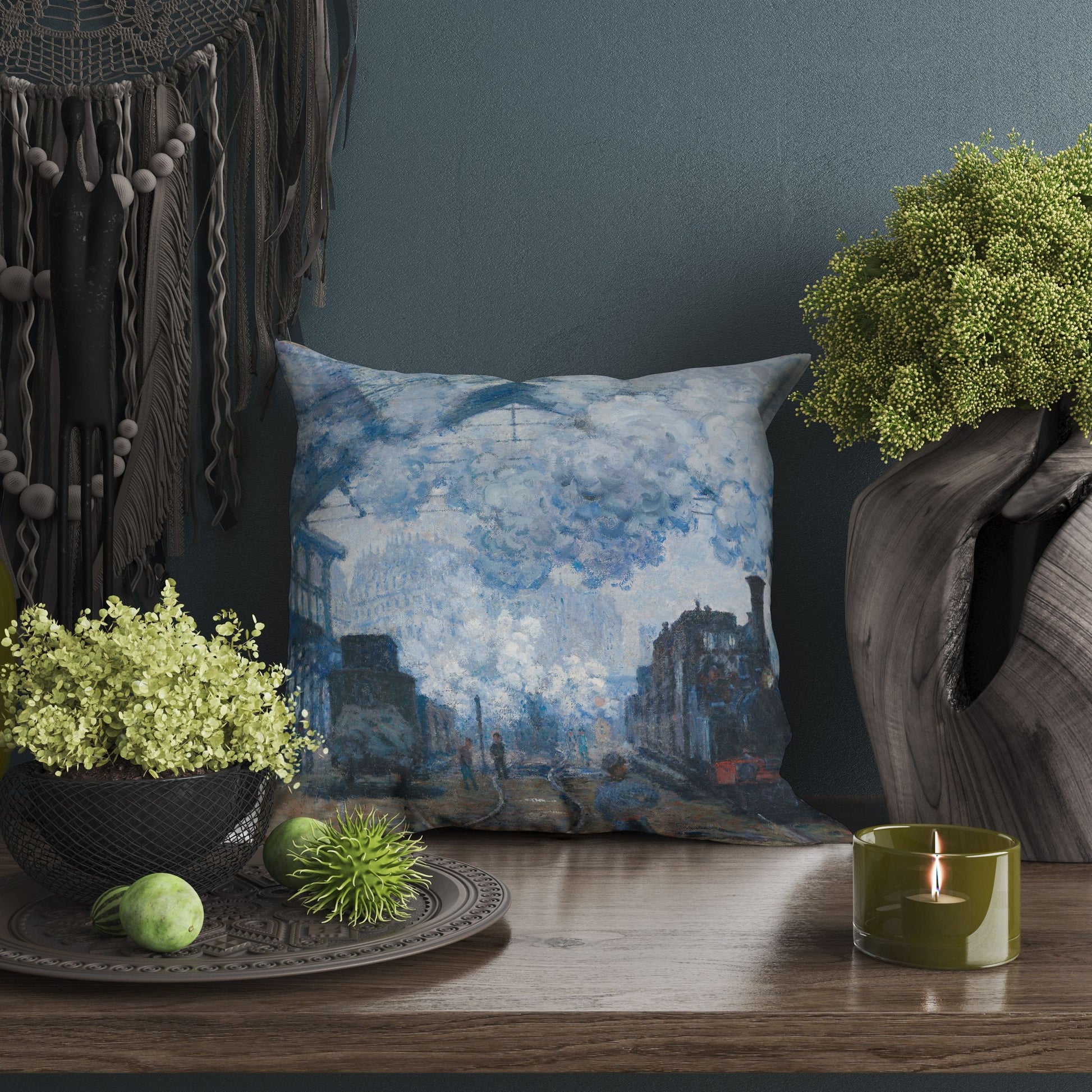 Claude Monet Famous Painting The Gare Saint-Lazare, Artist Pillow, Blue Abstract Pillow, Modern Pillow, Large Pillow Cases Housewarming Gift