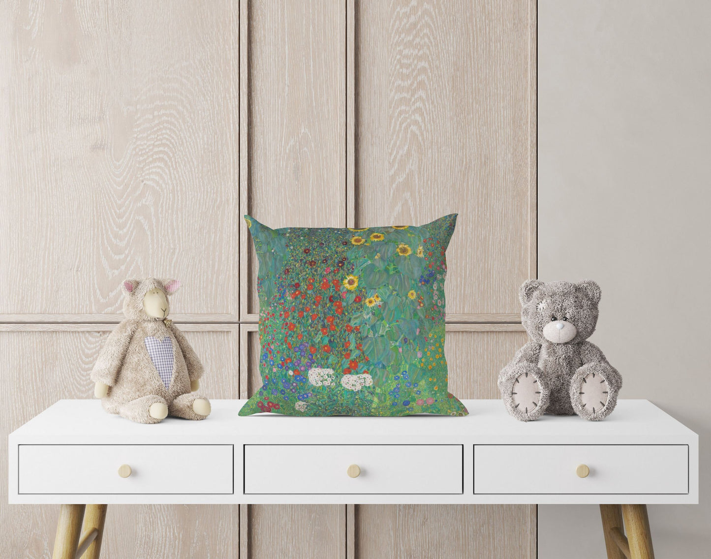 Gustav Klimt Famous Art Farm Garden With Sunflowers Throw Pillow Cover, Art Pillow, Green Pillow Cases, Art Nouveau Pillow, Square Pillow