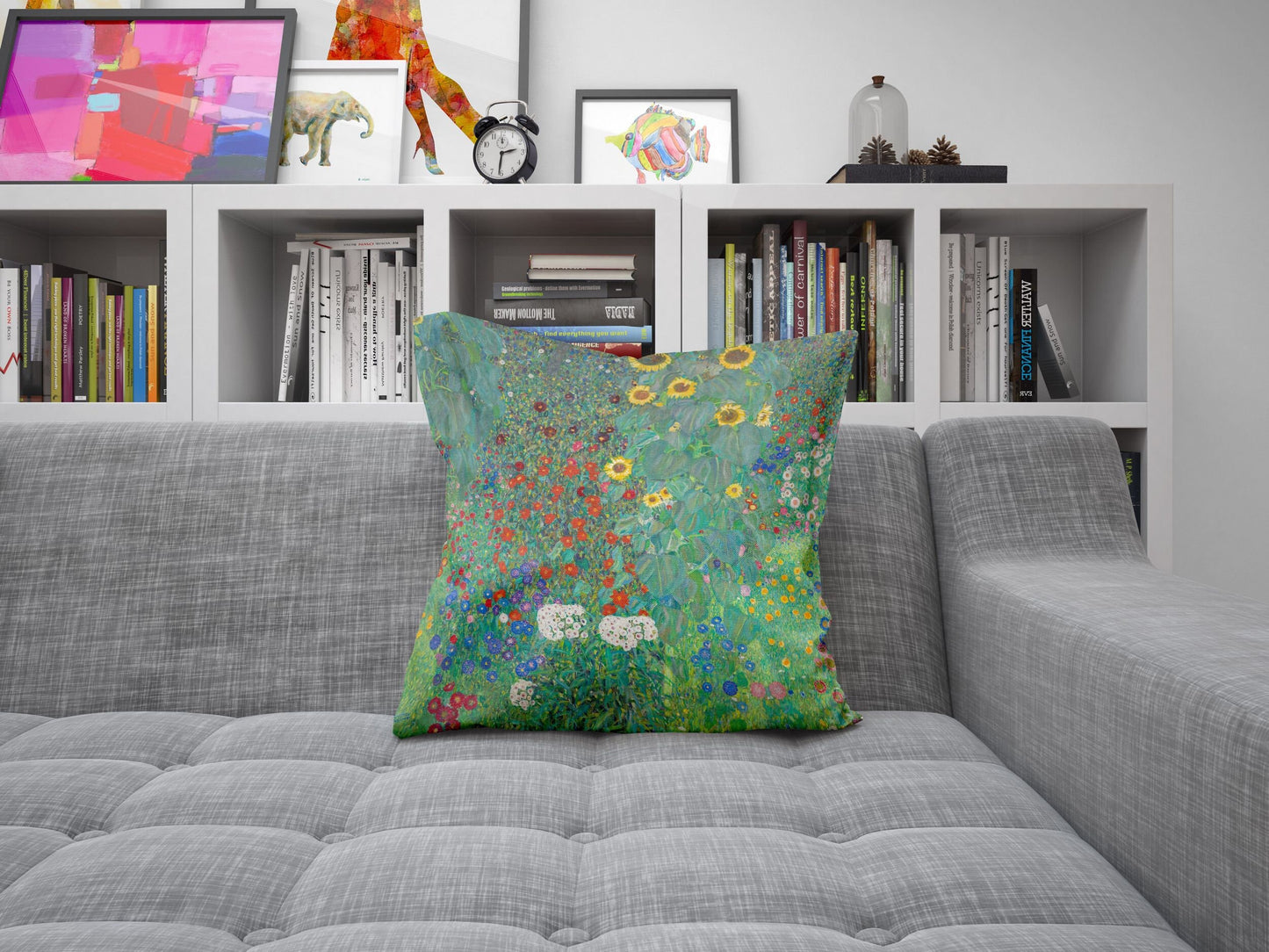 Gustav Klimt Famous Art Farm Garden With Sunflowers Throw Pillow Cover, Art Pillow, Green Pillow Cases, Art Nouveau Pillow, Square Pillow