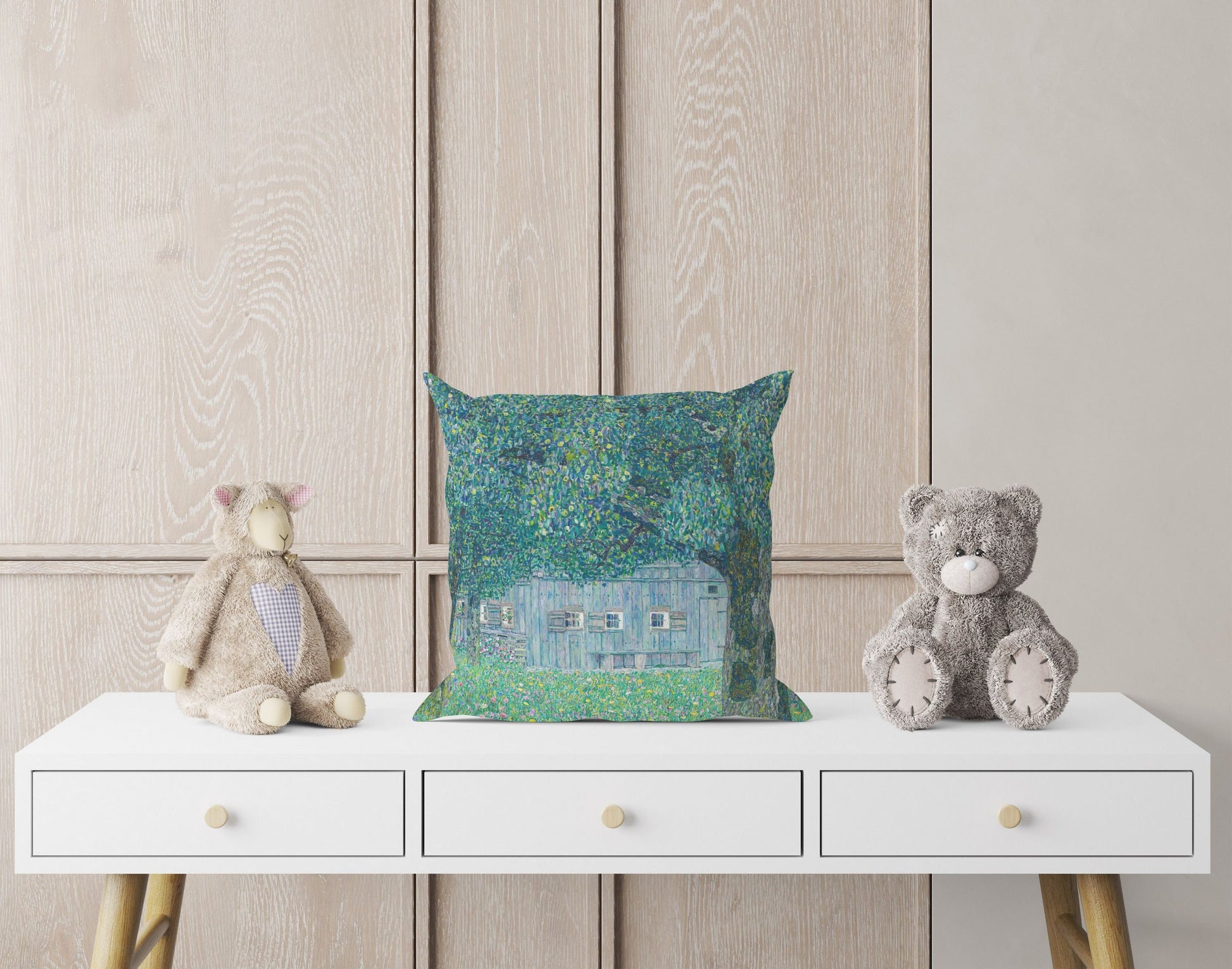 Gustav Klimt Famous Art Farmhouse In Buchberg, Abstract Throw Pillow, Soft Pillow Cases, Green Pillow Cases, Contemporary Pillow, Square