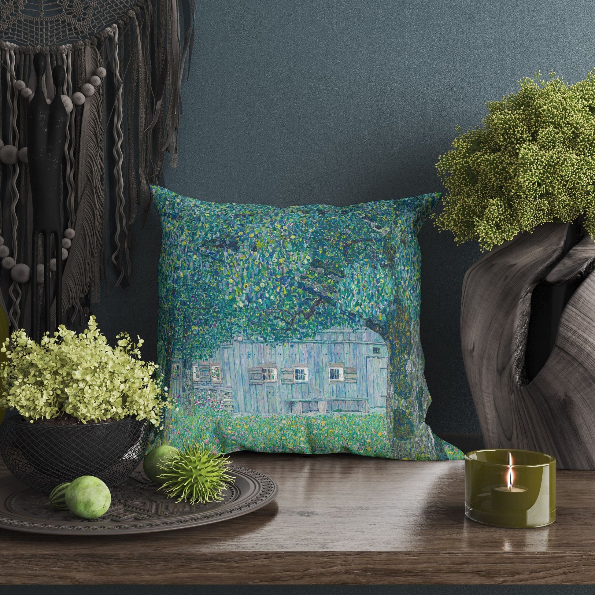 Gustav Klimt Famous Art Farmhouse In Buchberg, Abstract Throw Pillow, Soft Pillow Cases, Green Pillow Cases, Contemporary Pillow, Square