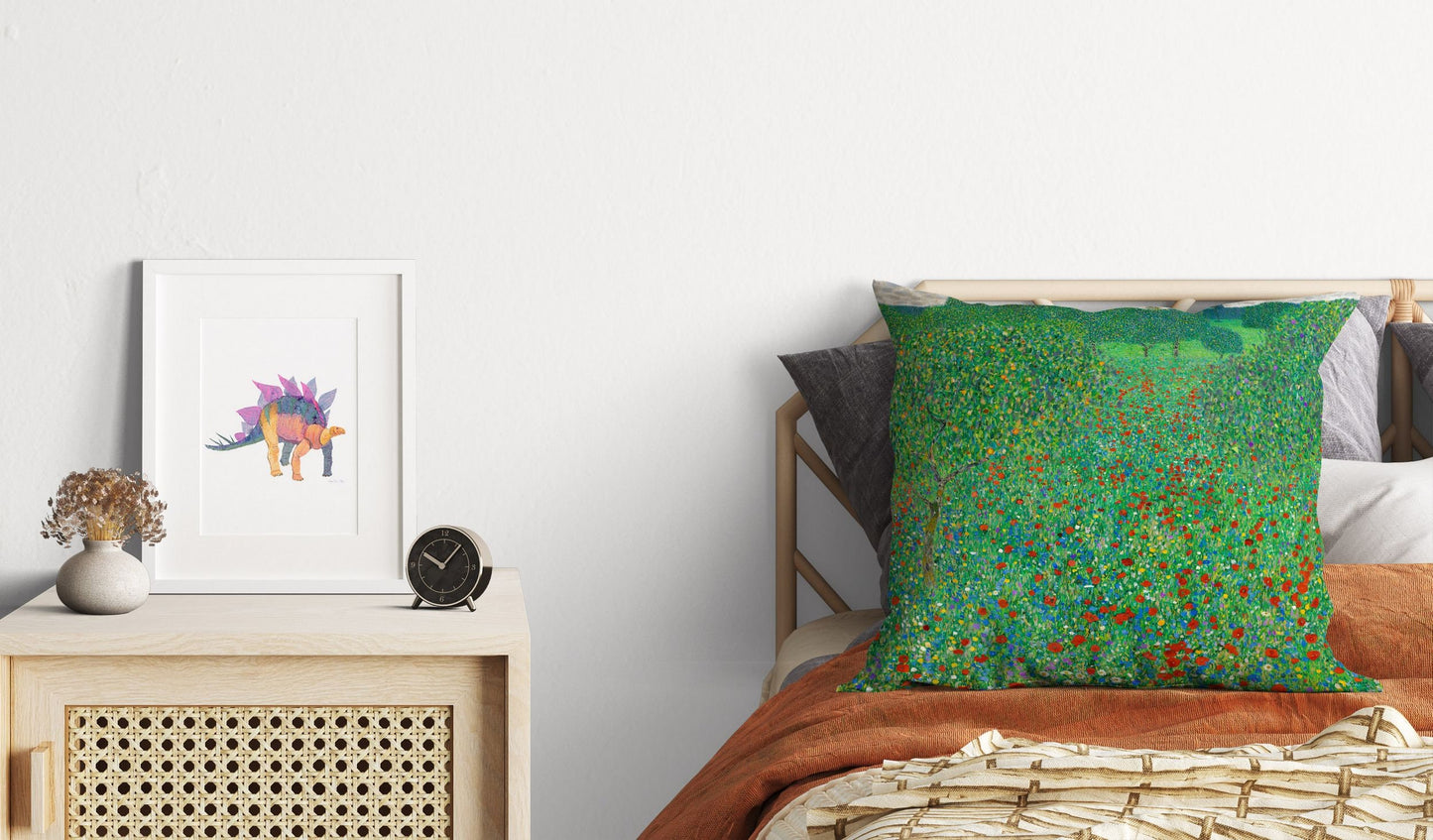 Gustav Klimt Famous Painting Flowering Poppies Throw Pillow Cover Abstract, Designer Pillow, Green Pillow Cases, Farmhouse Pillow