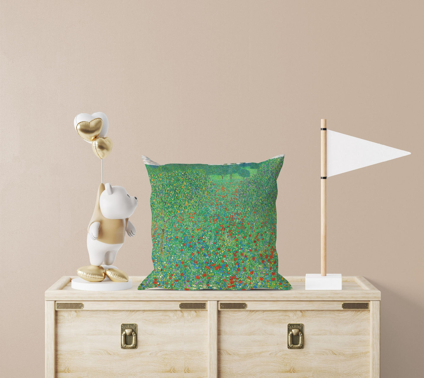 Gustav Klimt Famous Painting Flowering Poppies Throw Pillow Cover Abstract, Designer Pillow, Green Pillow Cases, Farmhouse Pillow