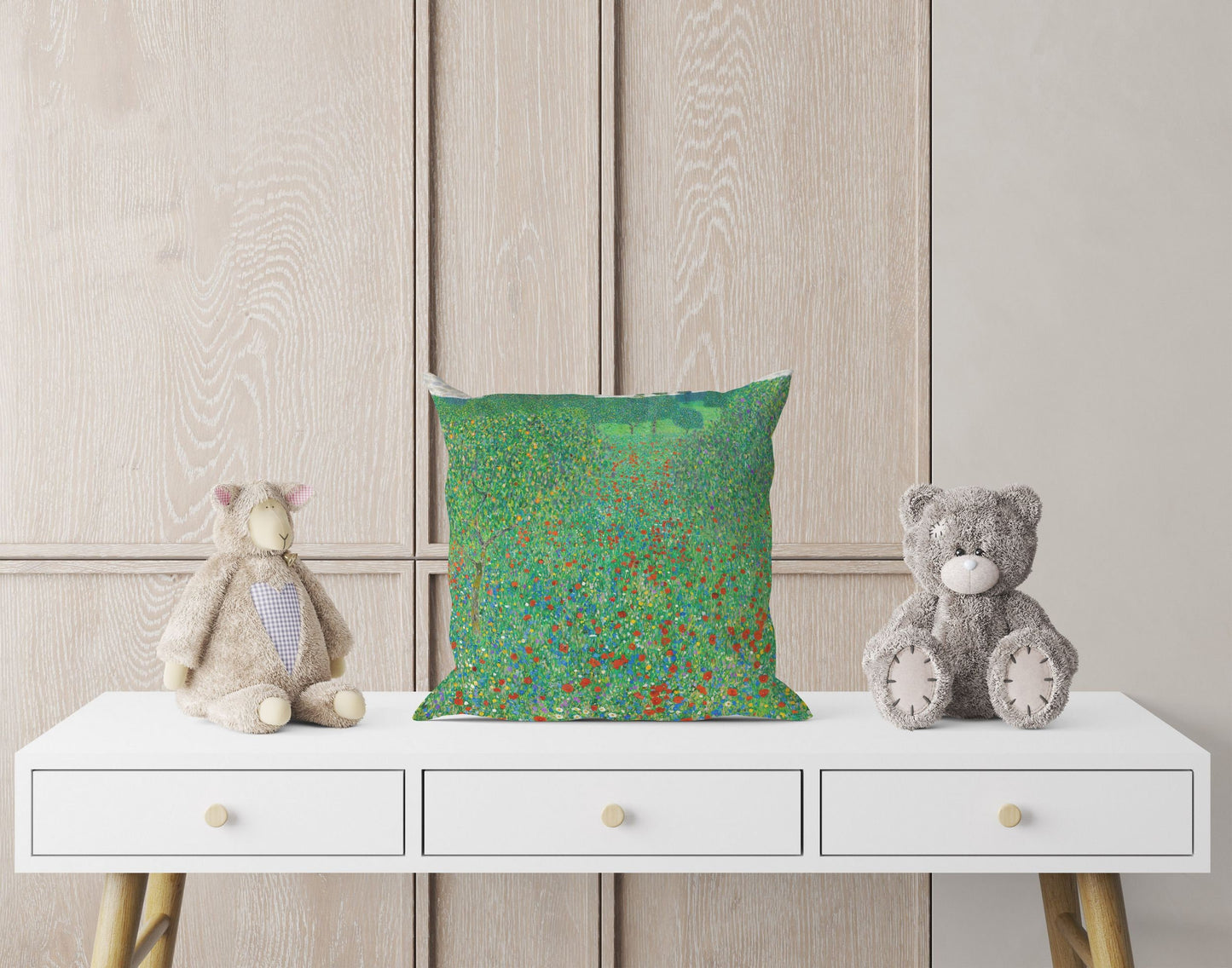 Gustav Klimt Famous Painting Flowering Poppies Throw Pillow Cover Abstract, Designer Pillow, Green Pillow Cases, Farmhouse Pillow