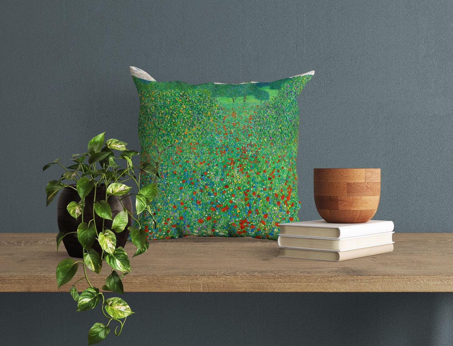 Gustav Klimt Famous Painting Flowering Poppies Throw Pillow Cover Abstract, Designer Pillow, Green Pillow Cases, Farmhouse Pillow