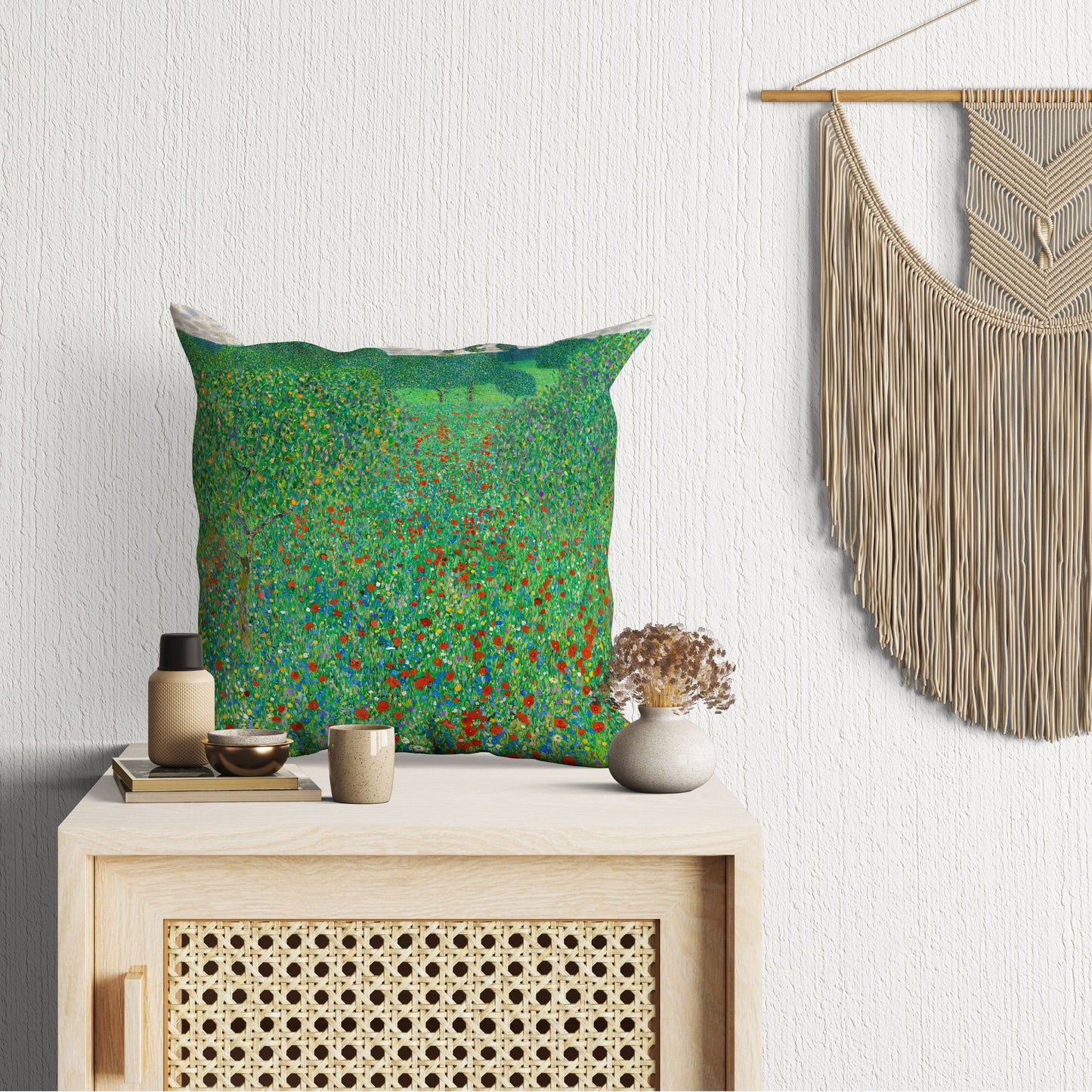 Gustav Klimt Famous Painting Flowering Poppies Throw Pillow Cover Abstract, Designer Pillow, Green Pillow Cases, Farmhouse Pillow