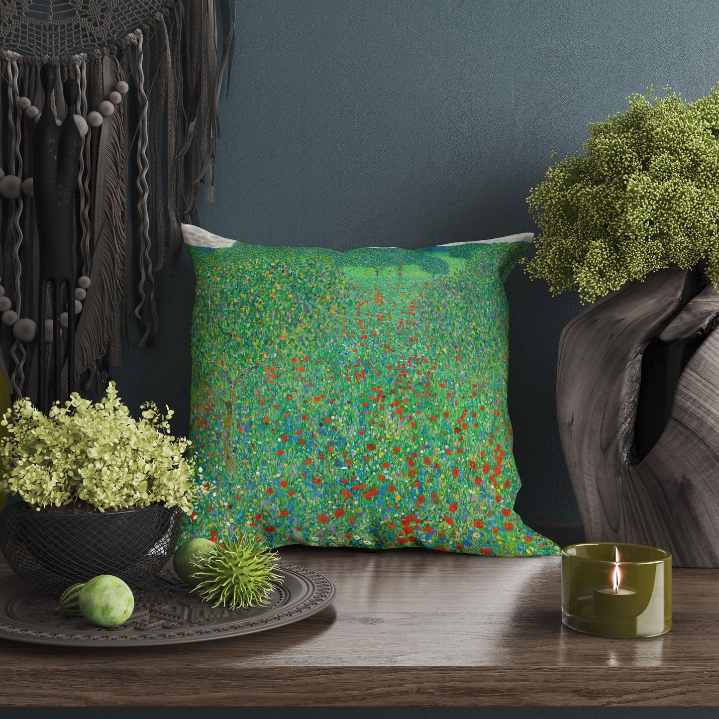 Gustav Klimt Famous Painting Flowering Poppies Throw Pillow Cover Abstract, Designer Pillow, Green Pillow Cases, Farmhouse Pillow