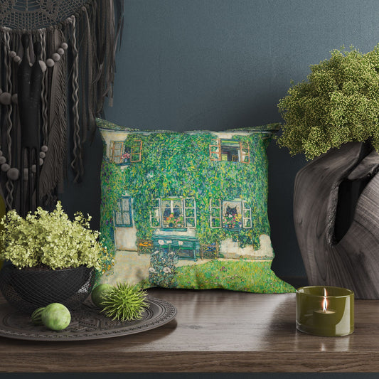 Gustav Klimt Famous Painting Forester'S House In Weissenbach II Throw Pillow Cover, Abstract Throw Pillow Cover, Artist Pillow, Green Pillow