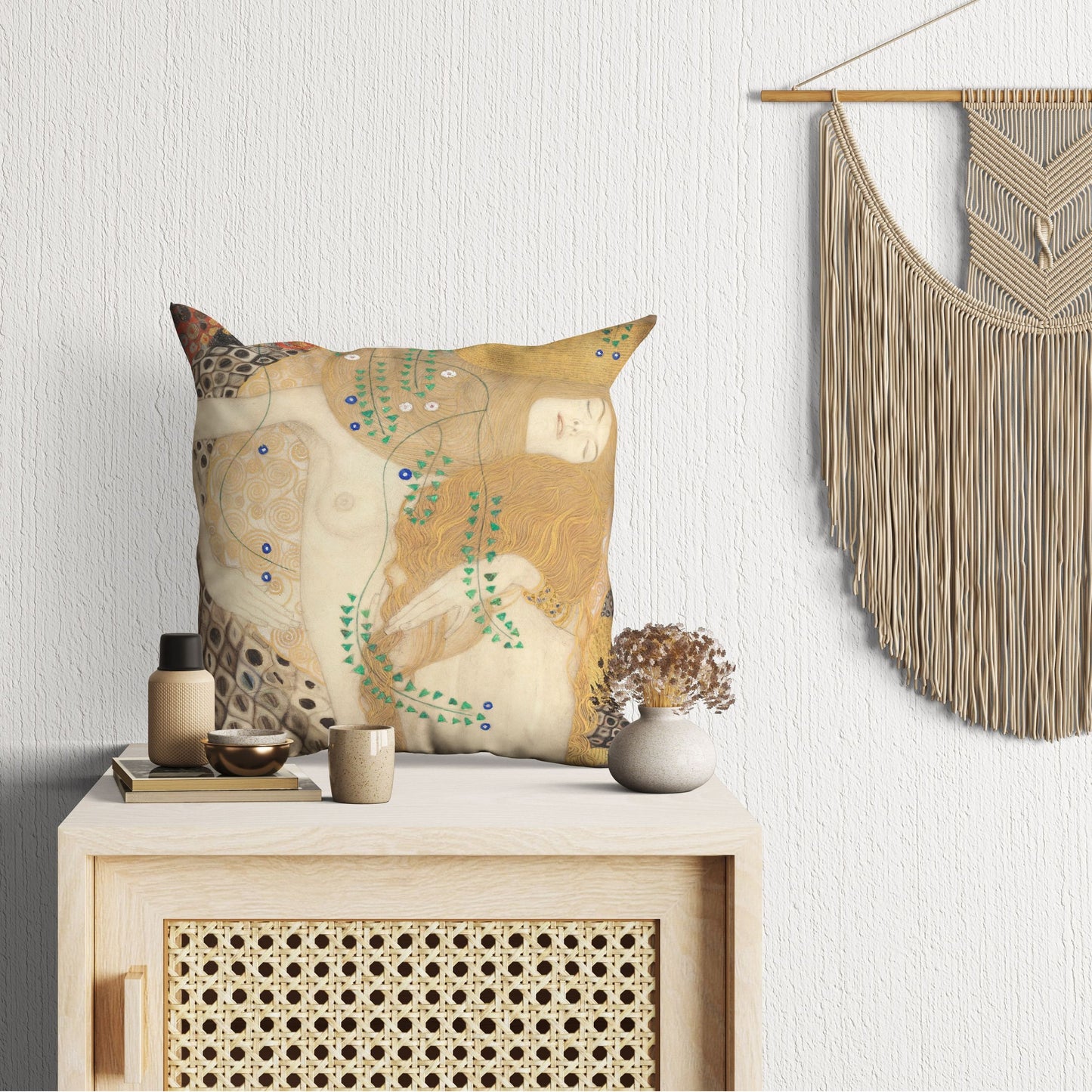 Gustav Klimt Famous Art Friends Water Serpants, Throw Pillow, Abstract Pillow, Soft Pillow Cases, Bright Yellow Pillow, Contemporary Pillow