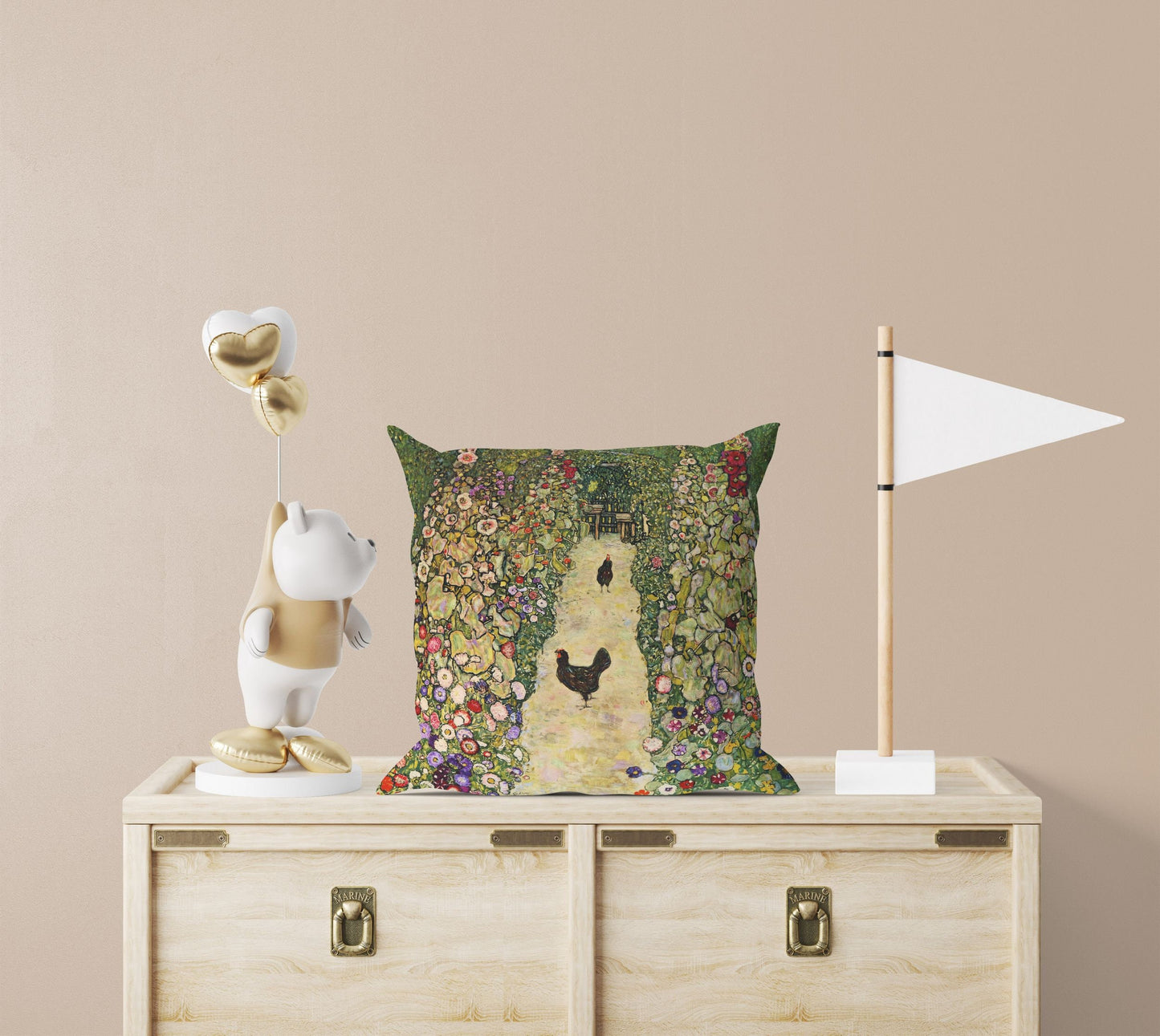 Gustav Klimt Famous Art Garden Path With Chickens Abstract Pillow, Soft Pillow Cases, Green Pillow Cases, Modern Pillow, 22X22 Pillow Cover