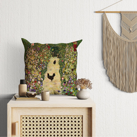 Gustav Klimt Famous Art Garden Path With Chickens Abstract Pillow, Soft Pillow Cases, Green Pillow Cases, Modern Pillow, 22X22 Pillow Cover