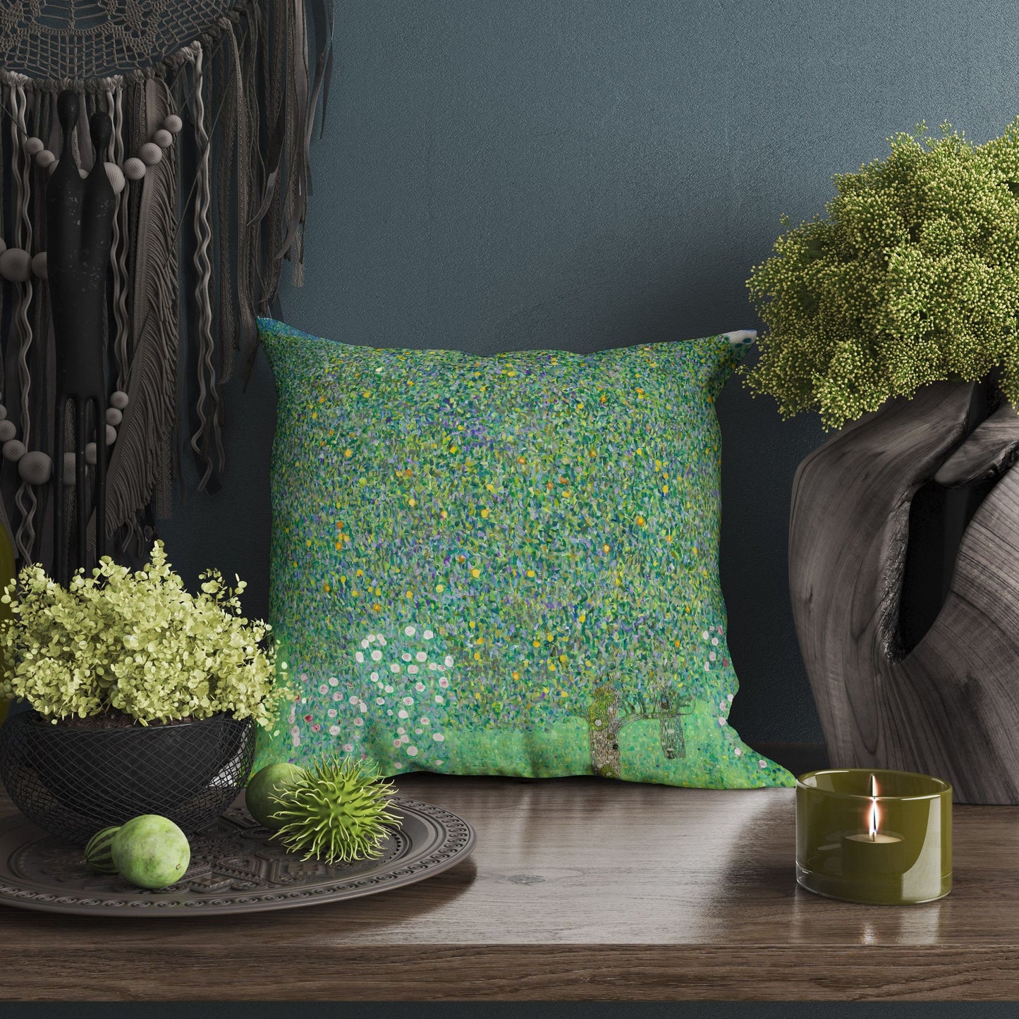 Gustav Klimt Famous Painting Rosebushes Under The Trees Throw Pillow Cover Artist Pillow, Green Pillow Cases, Farmhouse Pillow, Holiday Gift