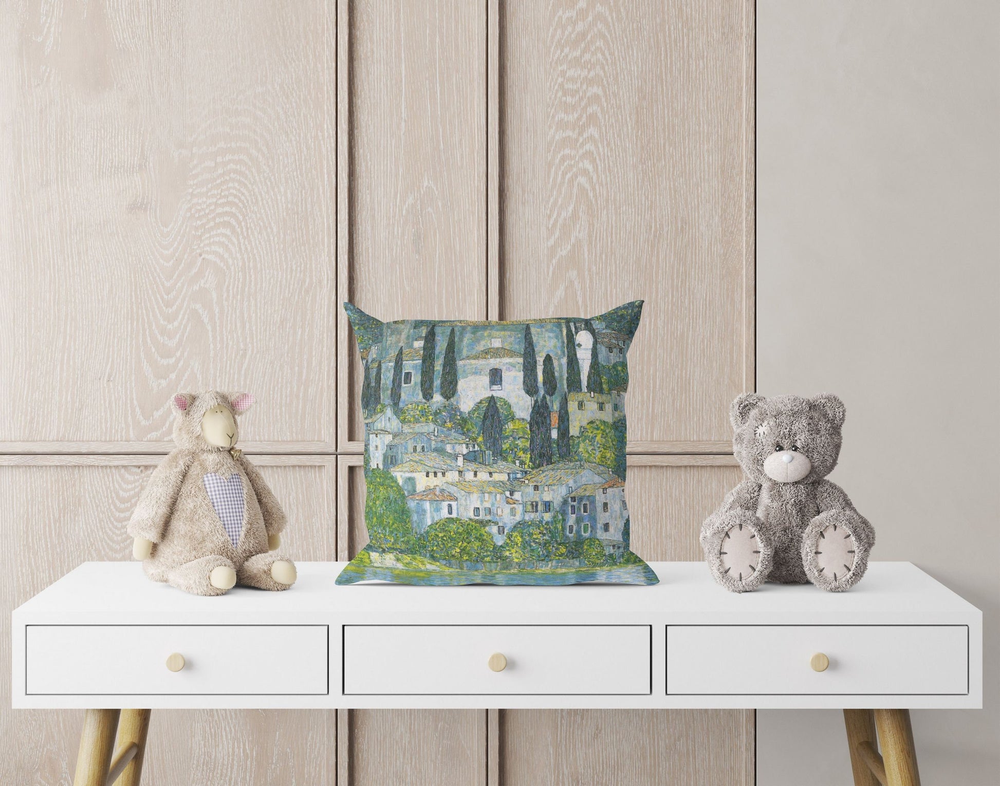 Gustav Klimt Famous Painting Kirche In Cassone, Decorative Pillow, Abstract Pillow, Designer Pillow, Green Pillow Cases, Modern Pillow
