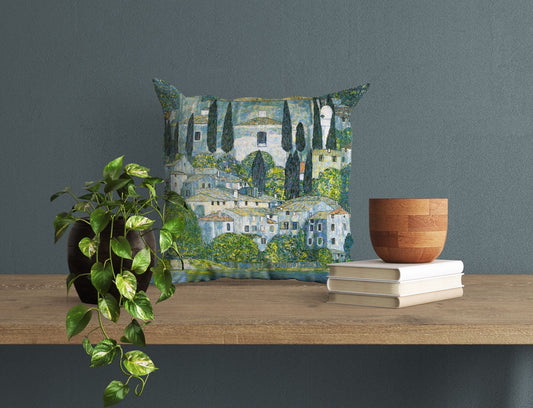 Gustav Klimt Famous Painting Kirche In Cassone, Decorative Pillow, Abstract Pillow, Designer Pillow, Green Pillow Cases, Modern Pillow