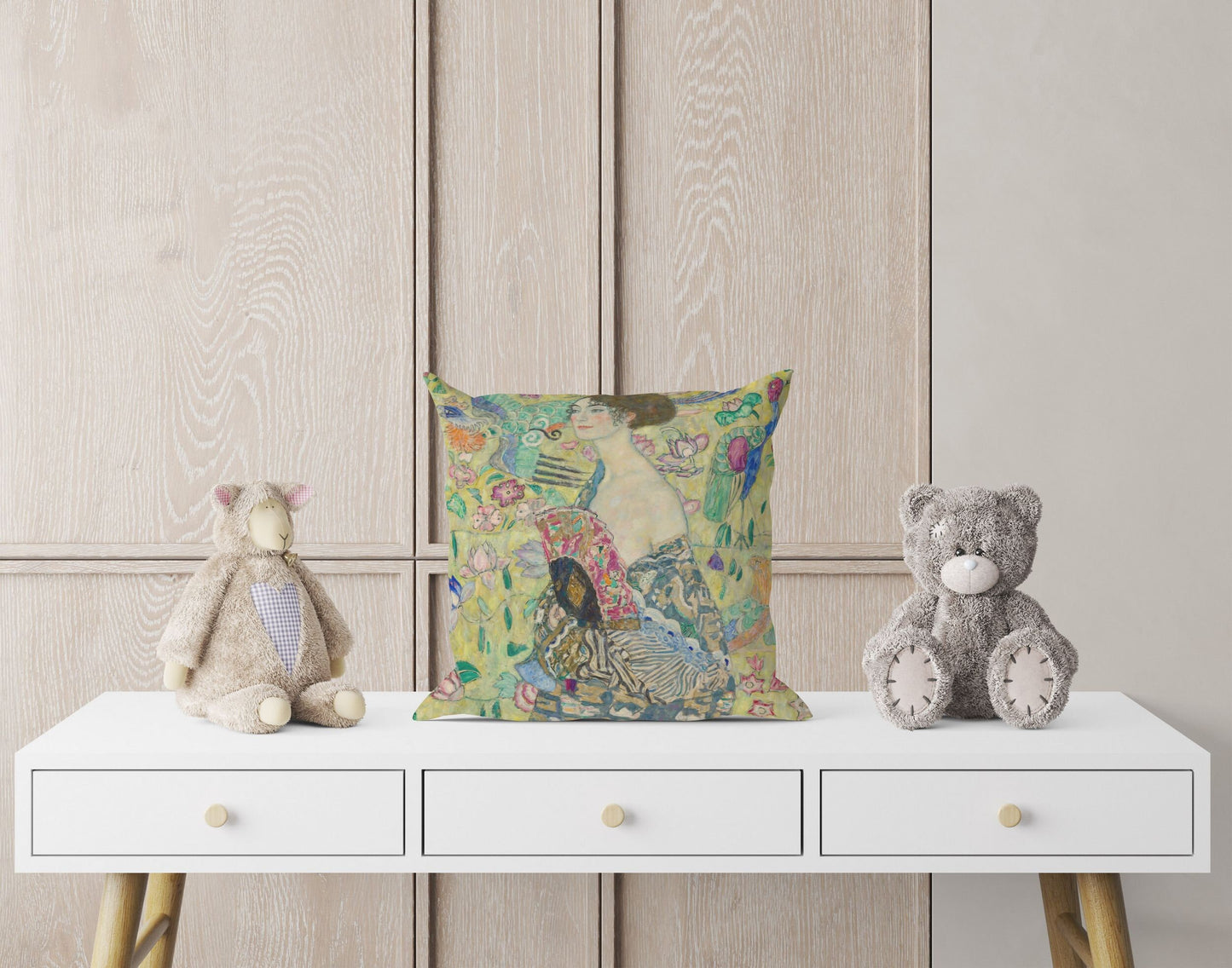 Gustav Klimt Famous Painting Lady With Fan, Tapestry Pillows, Abstract Throw Pillow, Designer Pillow, Green Pillow Cases, Modern Pillow