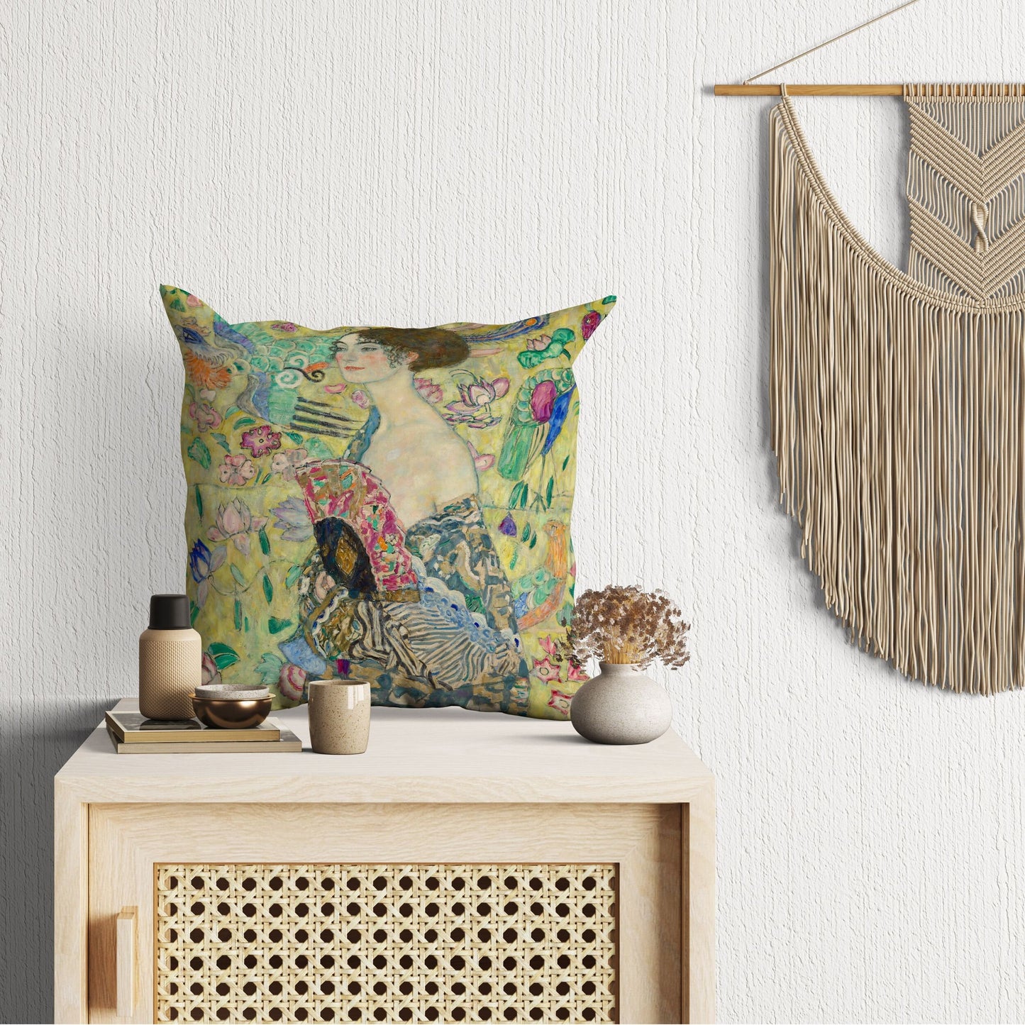 Gustav Klimt Famous Painting Lady With Fan, Tapestry Pillows, Abstract Throw Pillow, Designer Pillow, Green Pillow Cases, Modern Pillow