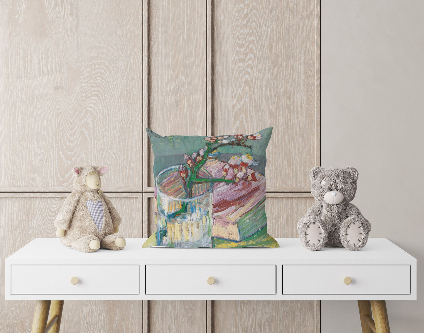 Vincent Van Gogh Famous Art Blossoming Almond Branch In A Glass With A Book, Throw Pillow, Designer Pillow,22X22 Pillow Cover