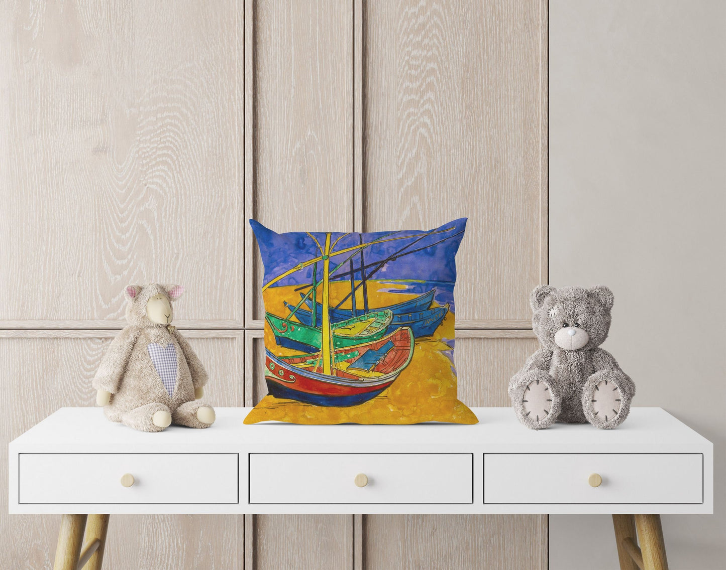 Vincent Van Gogh Famous Art fishing Boats On The Beach, Throw Pillow Cover, Abstract Throw Pillow, Soft Pillow Cases, Blue And Yellow