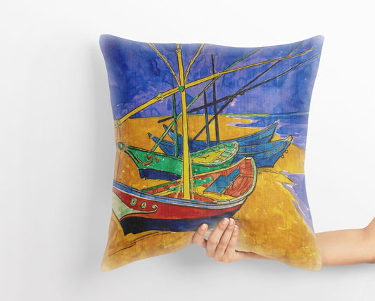 Vincent Van Gogh Famous Art fishing Boats On The Beach, Throw Pillow Cover, Abstract Throw Pillow, Soft Pillow Cases, Blue And Yellow