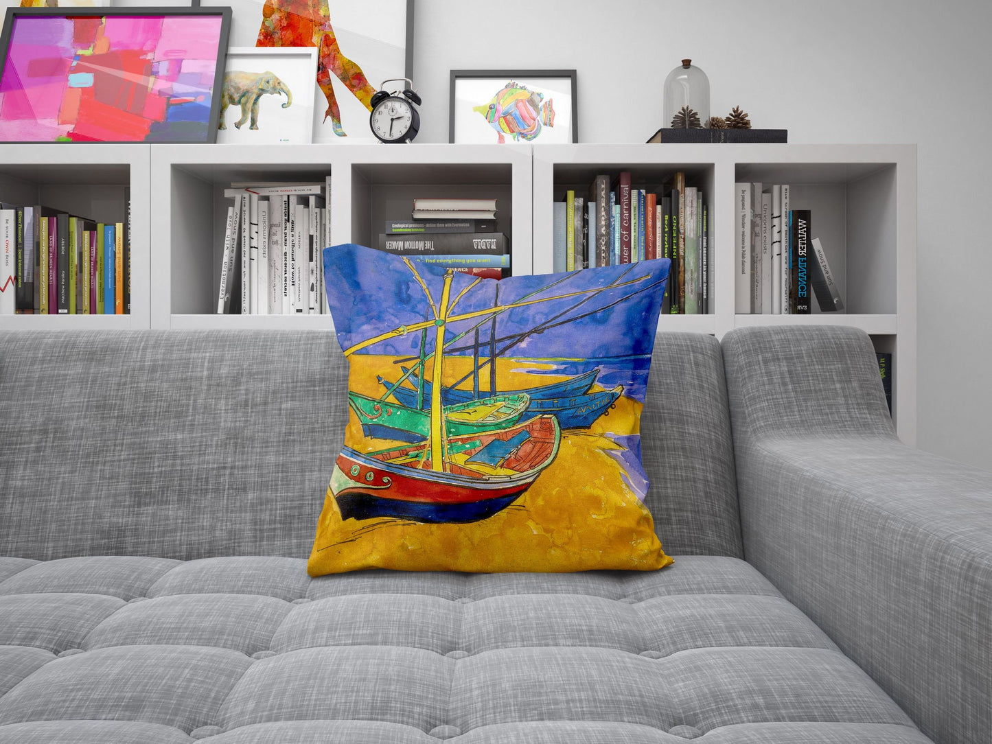 Vincent Van Gogh Famous Art fishing Boats On The Beach, Throw Pillow Cover, Abstract Throw Pillow, Soft Pillow Cases, Blue And Yellow