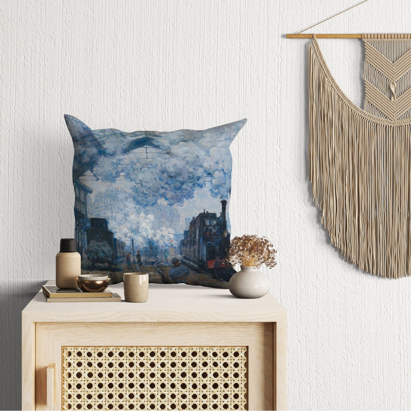 Claude Monet Famous Painting The Gare Saint-Lazare, Artist Pillow, Blue Abstract Pillow, Modern Pillow, Large Pillow Cases Housewarming Gift