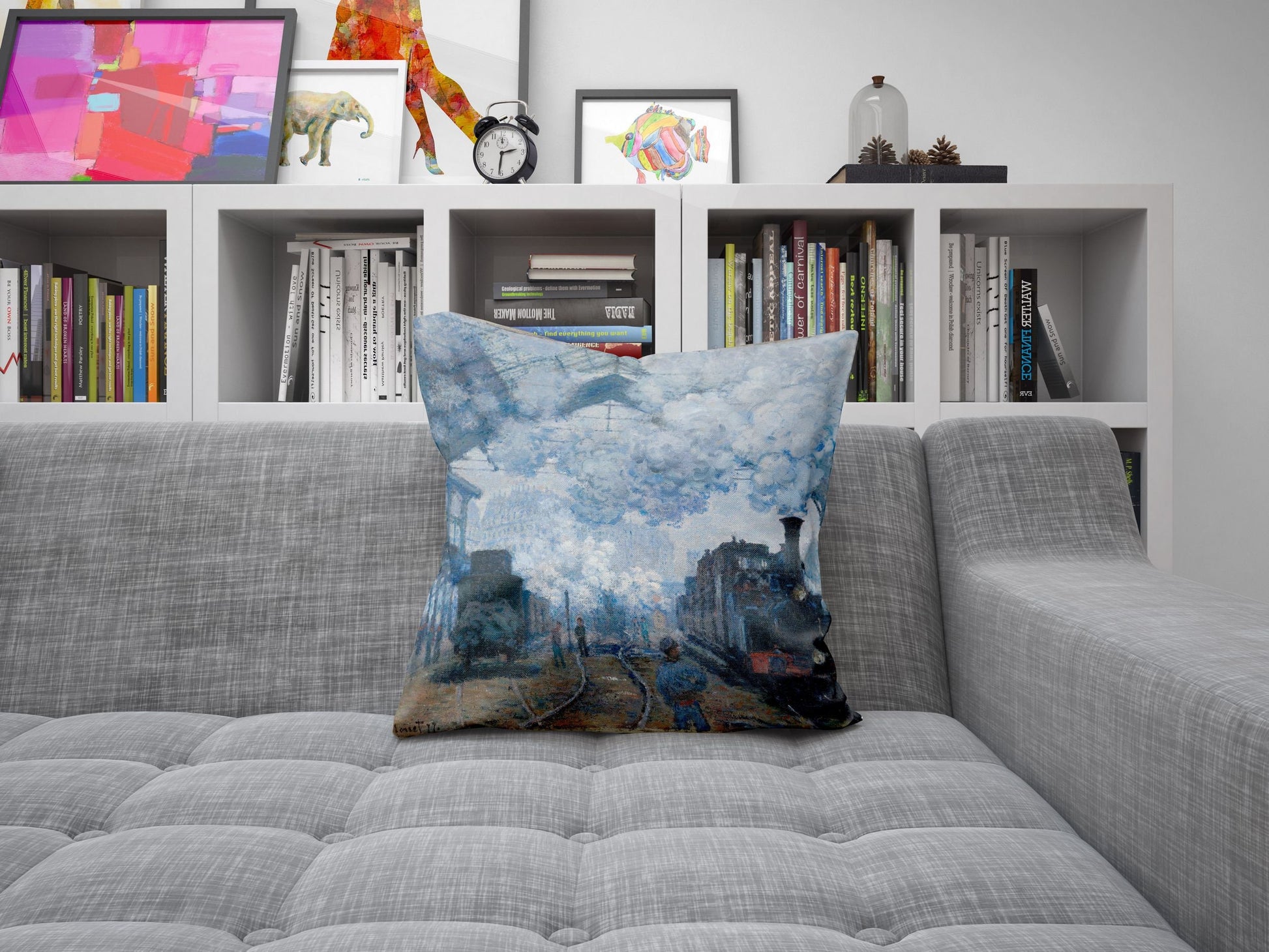 Claude Monet Famous Painting The Gare Saint-Lazare, Artist Pillow, Blue Abstract Pillow, Modern Pillow, Large Pillow Cases Housewarming Gift