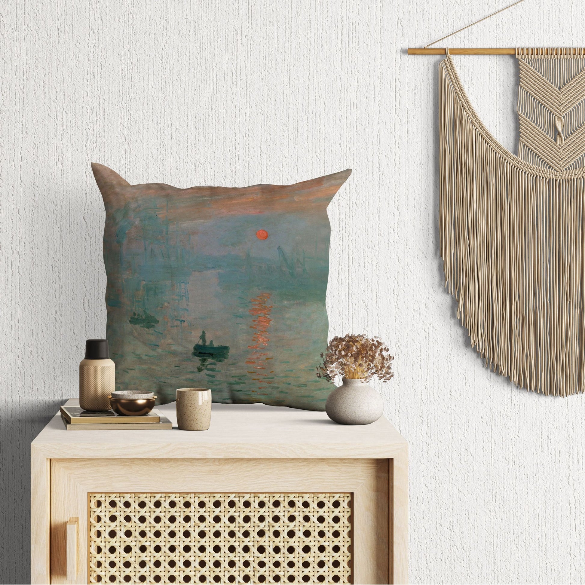 Claude Monet Famous Painting Impression Sunrise, Pillow Case, Abstract Throw Pillow Cover, Bright Yellow Pillow, Contemporary Pillow