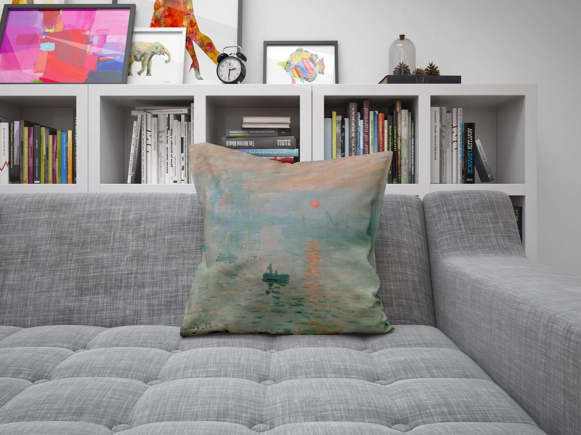 Claude Monet Famous Painting Impression Sunrise, Pillow Case, Abstract Throw Pillow Cover, Bright Yellow Pillow, Contemporary Pillow