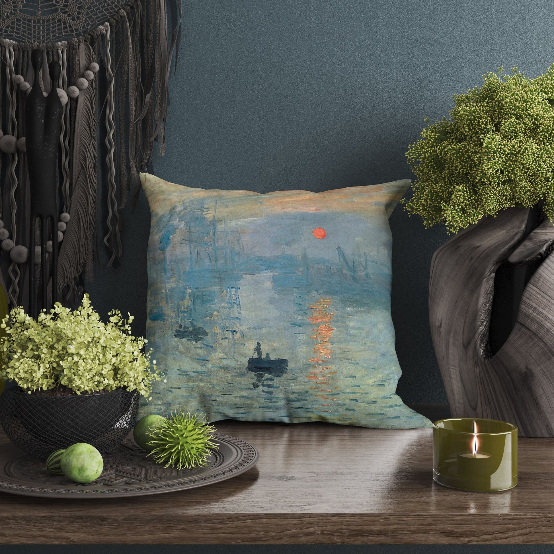 Claude Monet Famous Painting Impression Sunrise, Throw Pillow Cover, Abstract Pillow, Soft Pillow Cases, Blue And Green, Modern Pillow