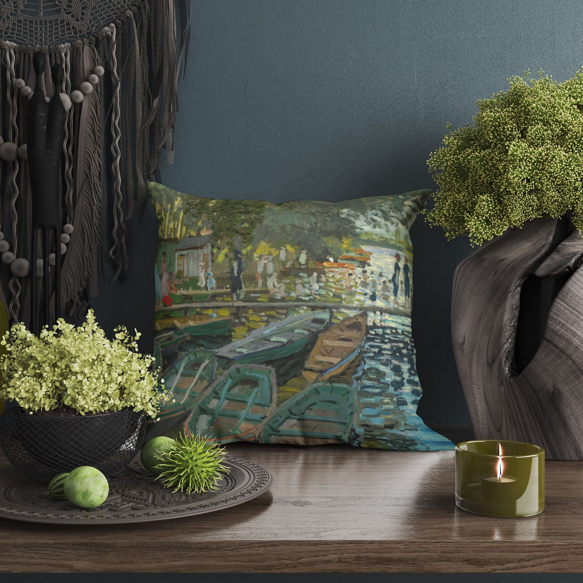 Claude Monet Famous Painting Bathers At La Grenouillere, Pillow Case, Abstract Throw Pillow, Artist Pillow, Green Pillow Cases Modern Pillow