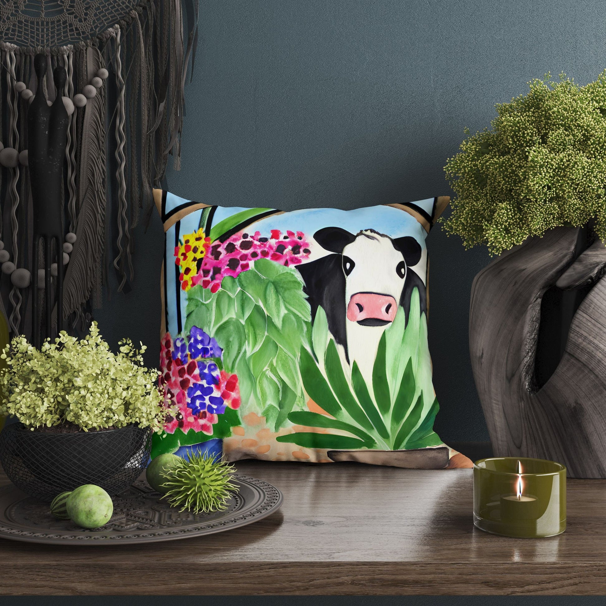 Cow With Flowers Matisse Style throw Pillow Cover, Abstract Throw Pillow, Designer Pillow, Modern Pillow, 20X20 Pillow Cover