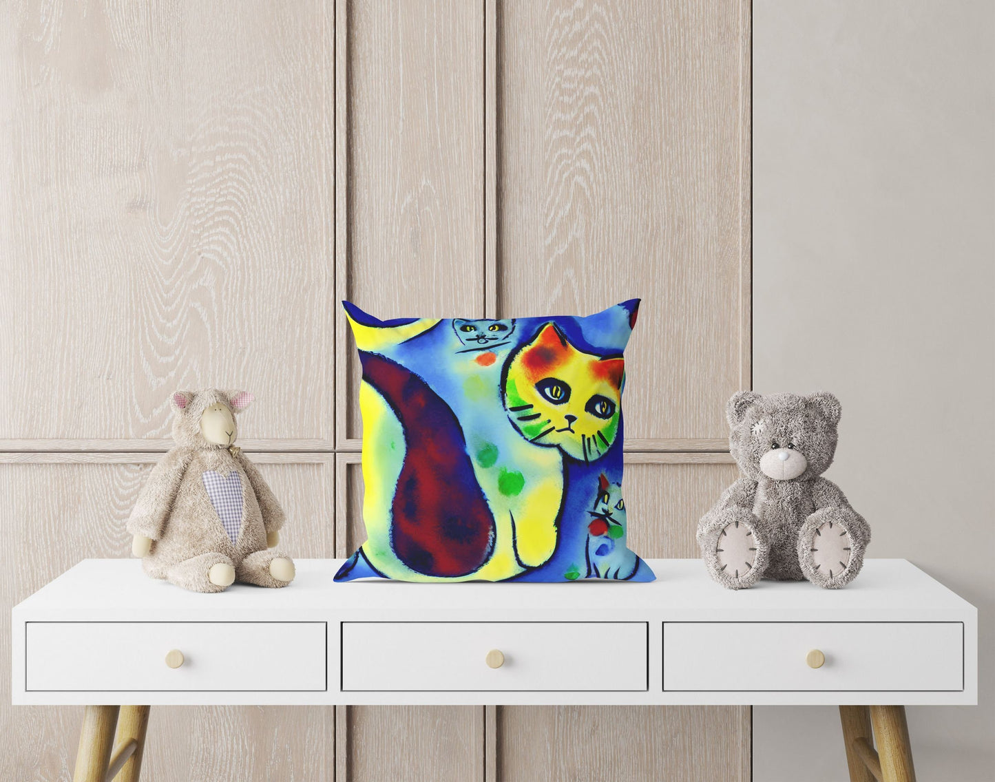 Colorful Cats Throw Pillow Cover, Abstract Throw Pillow, Designer Pillow, Blue Pillow, Contemporary Pillow, 20X20 Pillow Cover