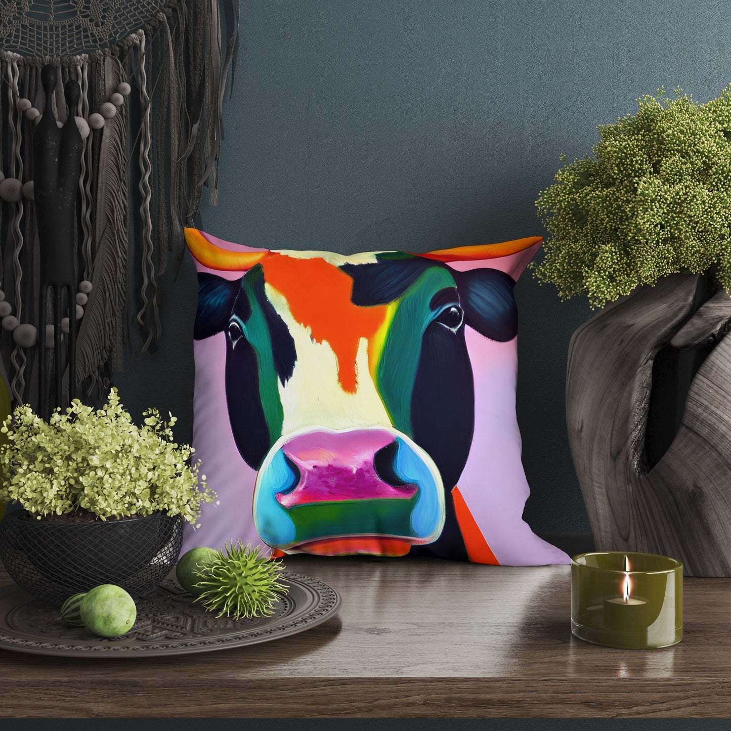 Modern Art Colorful Cow Throw Pillow Cover, Abstract Throw Pillow Cover, Artist Pillow, Blue Pillow, Modern Pillow, Large Pillow Cases