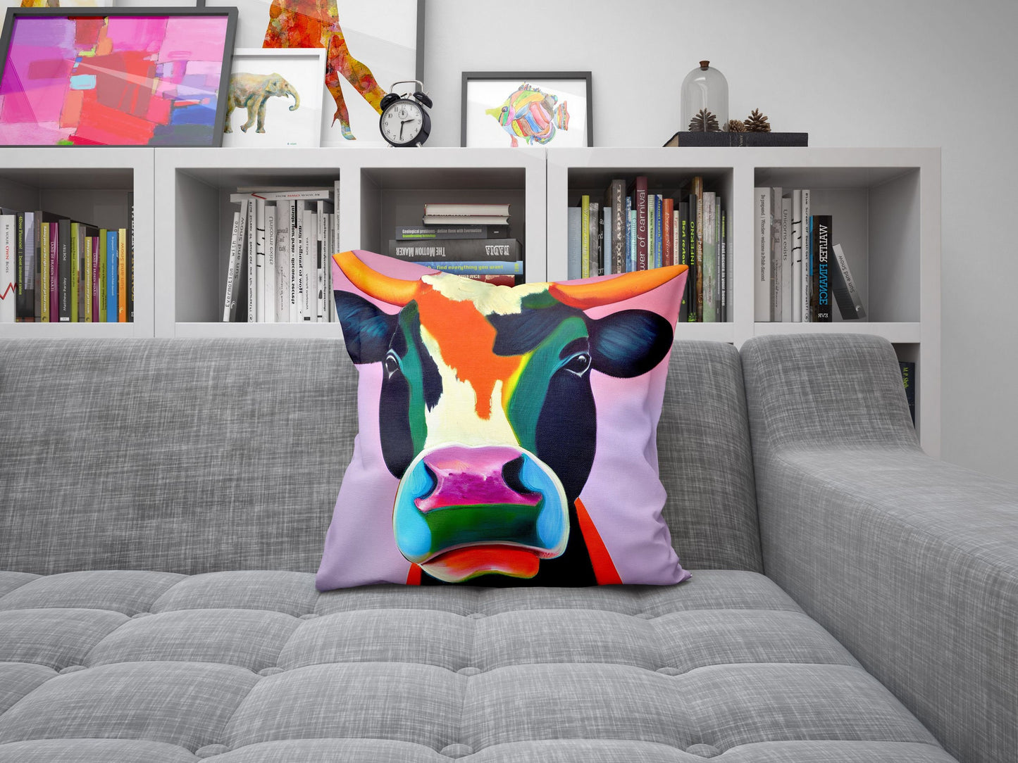 Modern Art Colorful Cow Throw Pillow Cover, Abstract Throw Pillow Cover, Artist Pillow, Blue Pillow, Modern Pillow, Large Pillow Cases