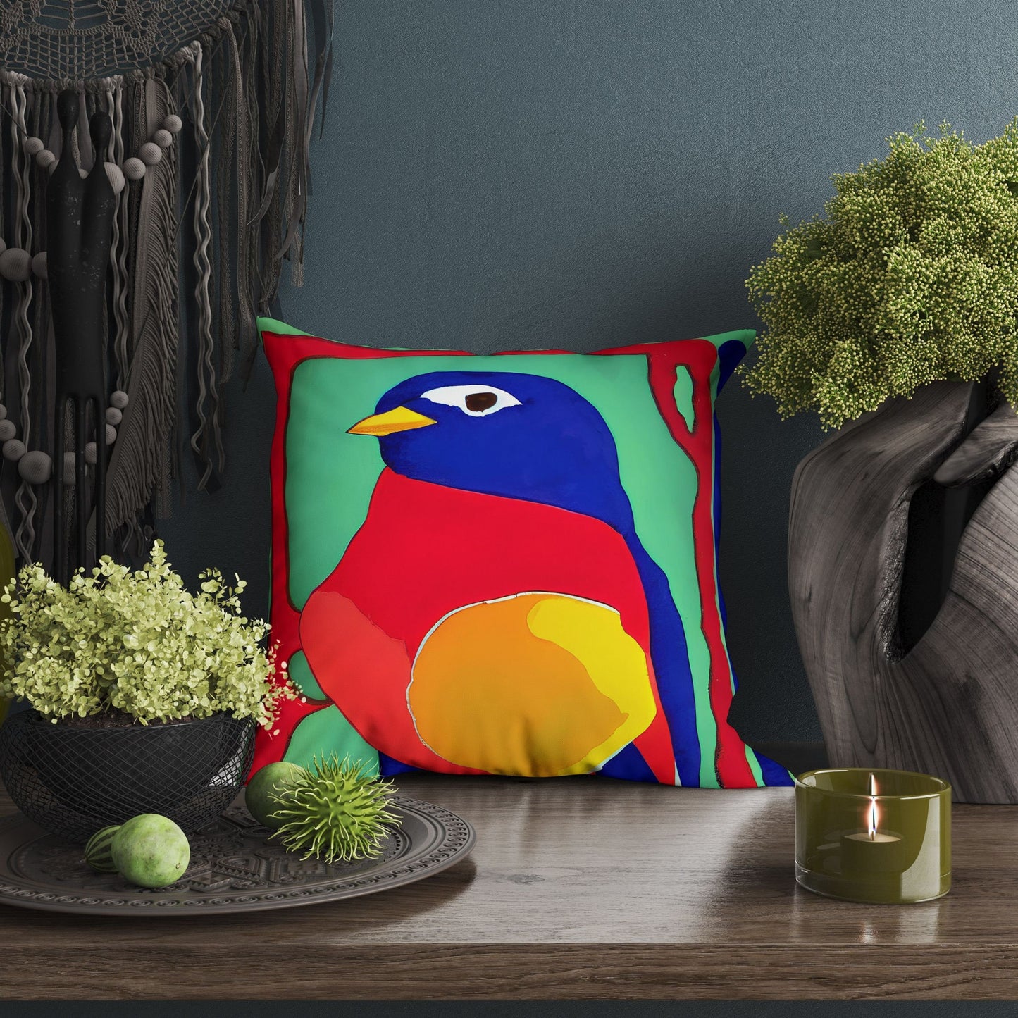 Red Bird Throw Pillow Cover, Abstract Throw Pillow, Artist Pillow, Colorful Pillow Case, Contemporary Pillow, Square Pillow