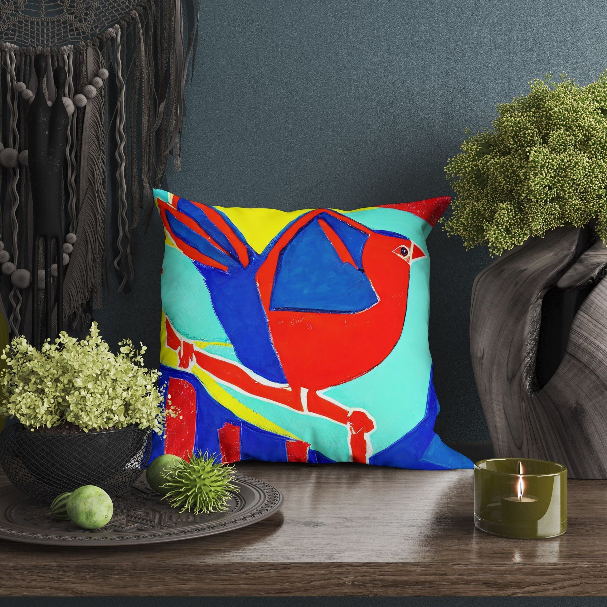 Red Bird Throw Pillow, Abstract Pillow, Artist Pillow, Colorful Pillow Case, Modern Pillow, Square Pillow, Housewarming Gift, Abstract Decor