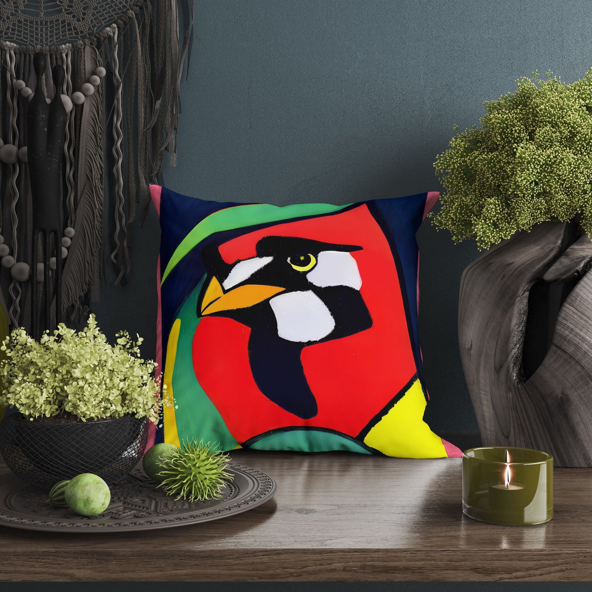 North American Cardinals Bird Tapestry Pillows, Abstract Pillow, Artist Pillow, Colorful Pillow Case, Contemporary Pillow, 20X20 Pillow