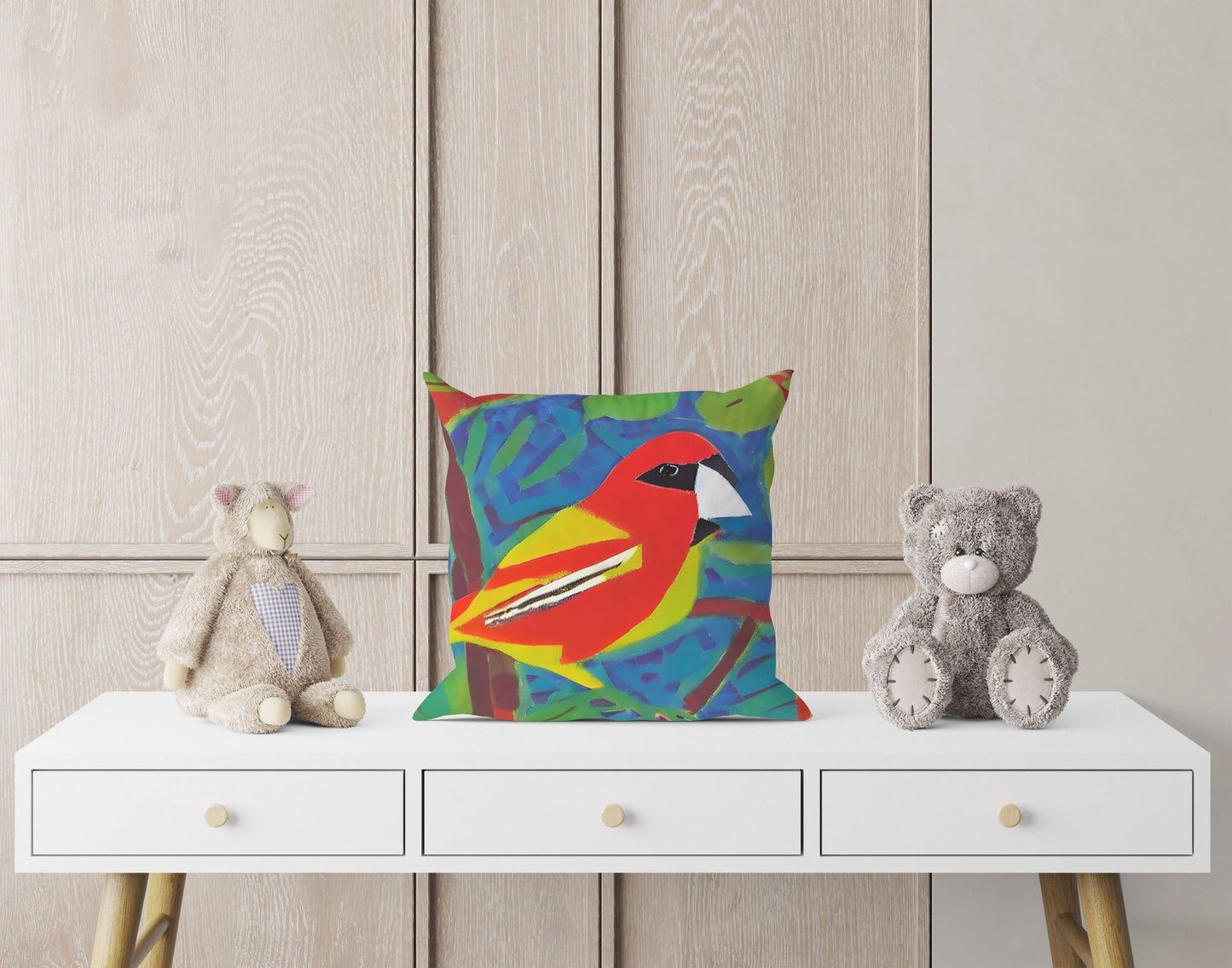 Red Bird Toss Pillow, Abstract Throw Pillow Cover, Designer Pillow, Colorful Pillow Case, Contemporary Pillow, Large Pillow Cases