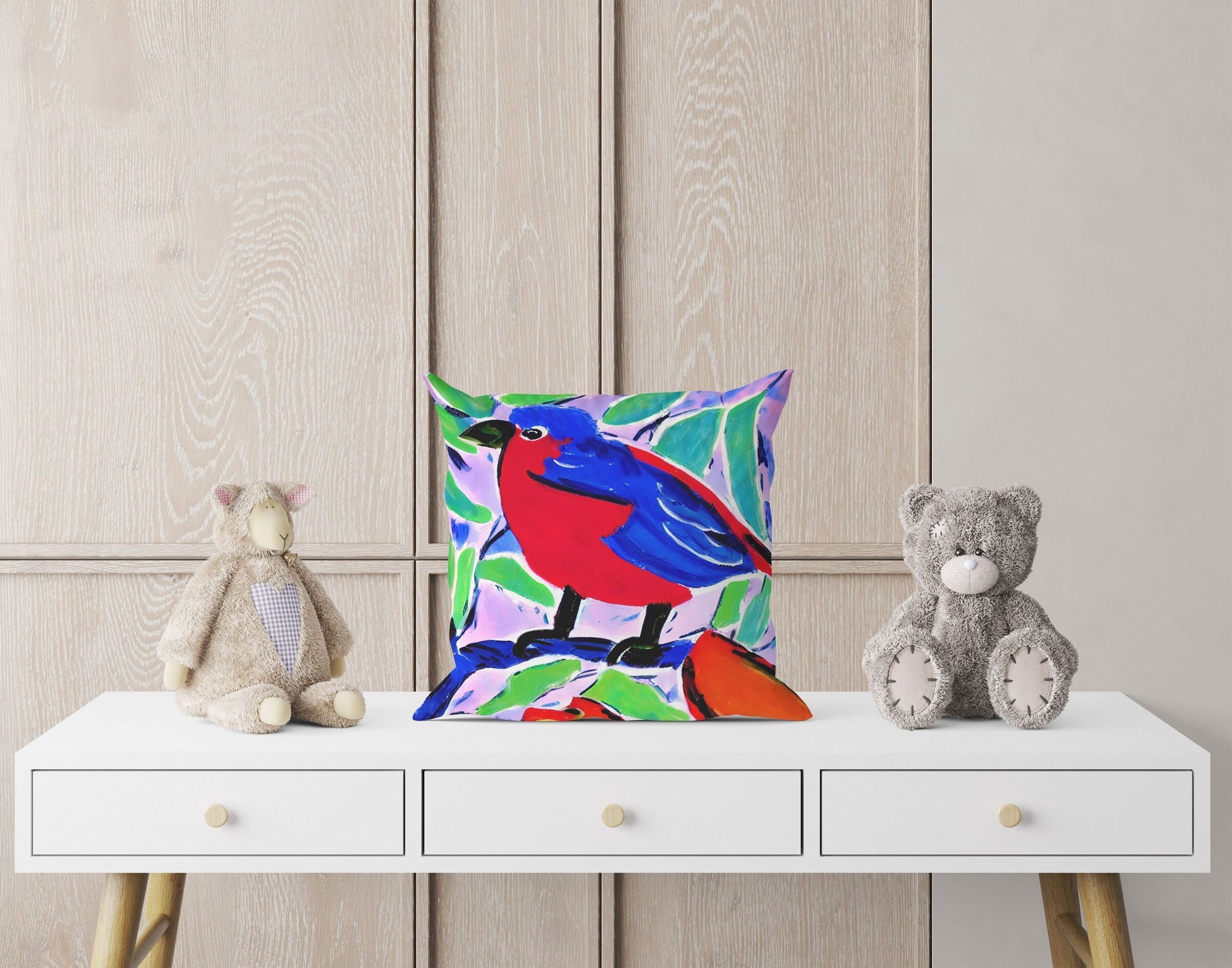 Red And Blue Bird Throw Pillow, Abstract Throw Pillow, Art Pillow, Colorful Pillow Case, Modern Pillow, 20X20 Pillow Cover, Housewarming