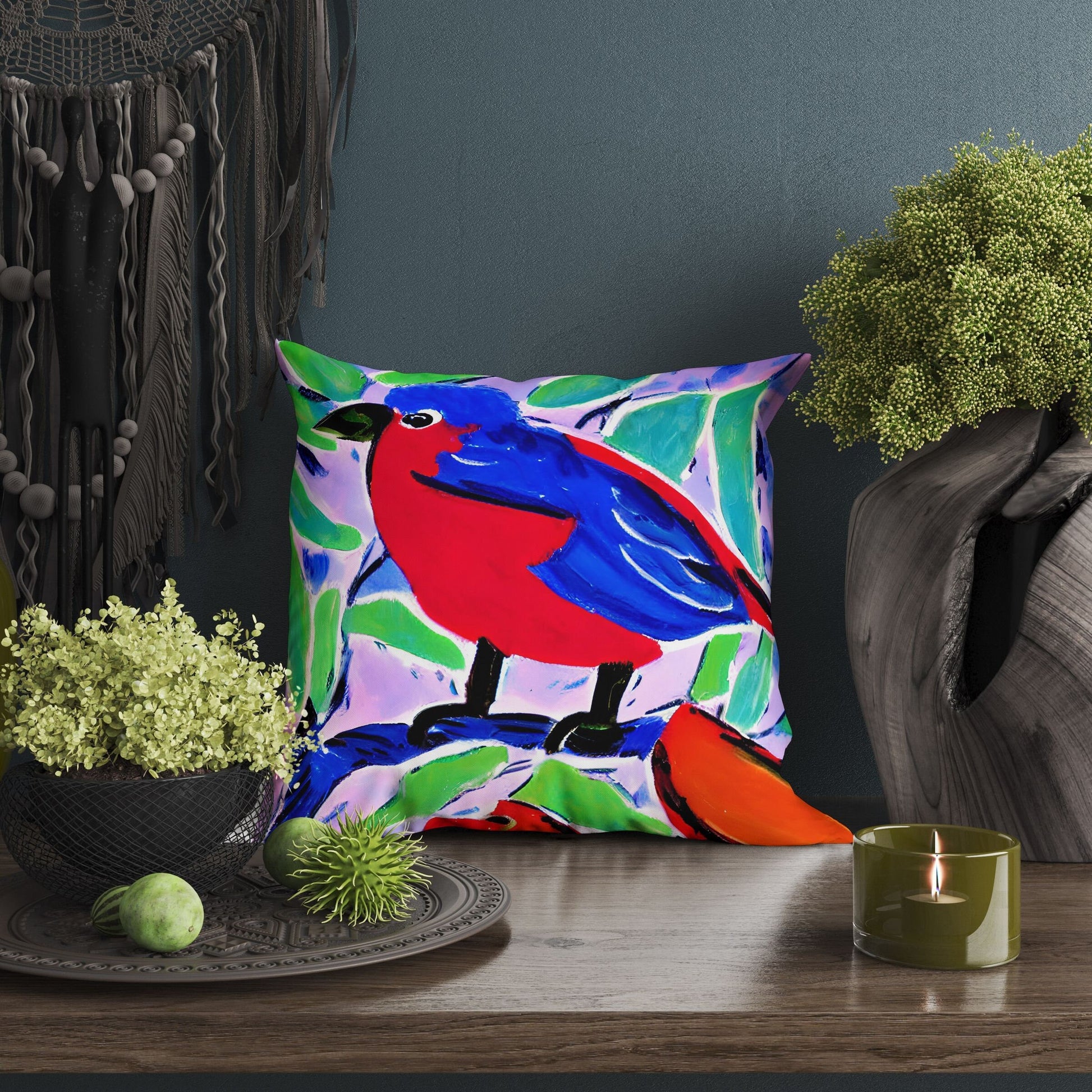 Red And Blue Bird Throw Pillow, Abstract Throw Pillow, Art Pillow, Colorful Pillow Case, Modern Pillow, 20X20 Pillow Cover, Housewarming