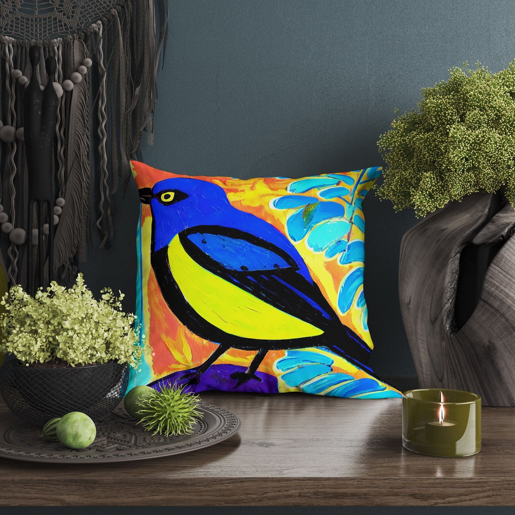 Yellow And Blue Bird Toss Pillow, Abstract Throw Pillow Cover, Artist Pillow, Colorful Pillow Square Pillow, Housewarming Gift, Sofa Pillows